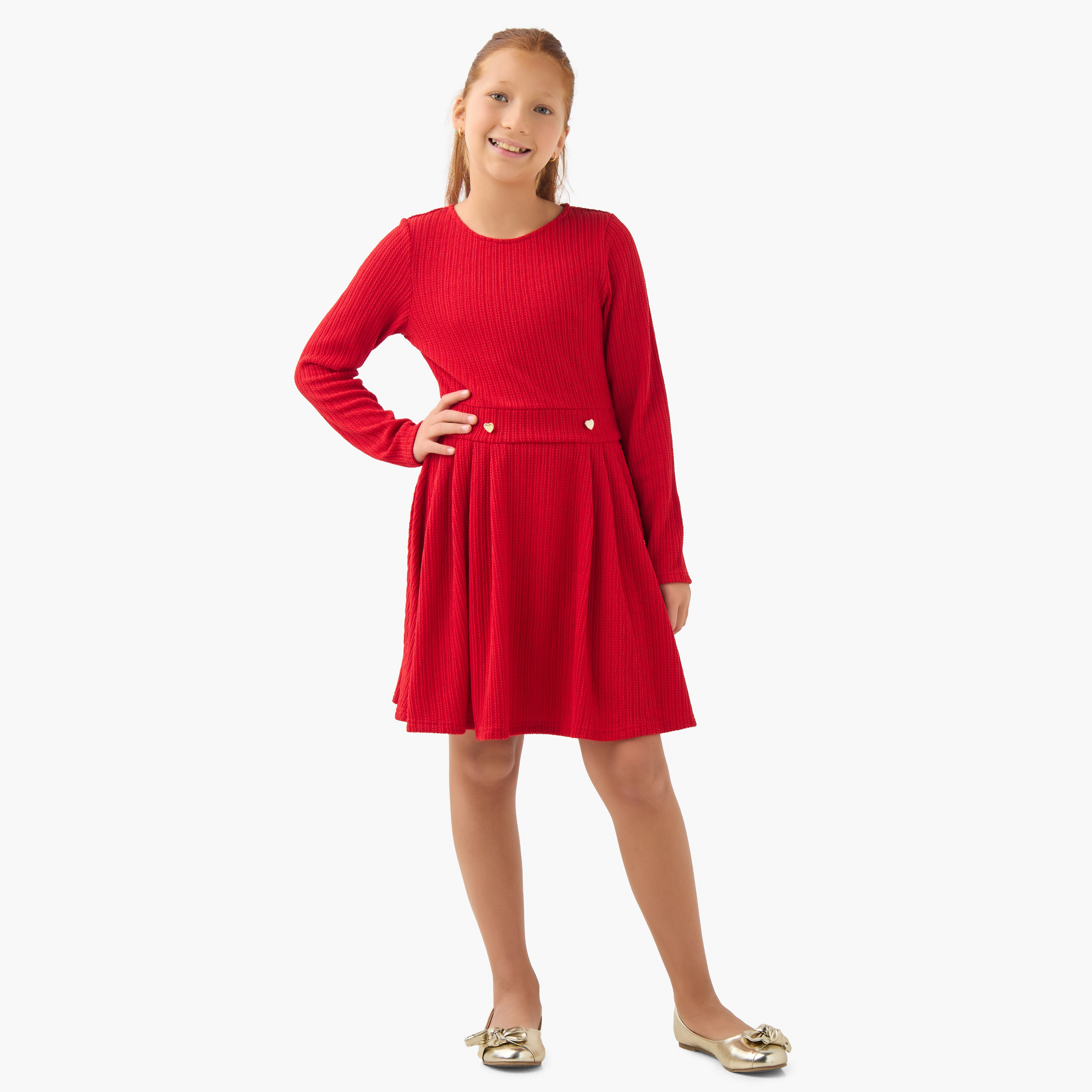 فستان مضلّع بياقة مستديرة وأكمام طويلة من جونيورز -girls-clothing-dressesandjumpsuits-image-2