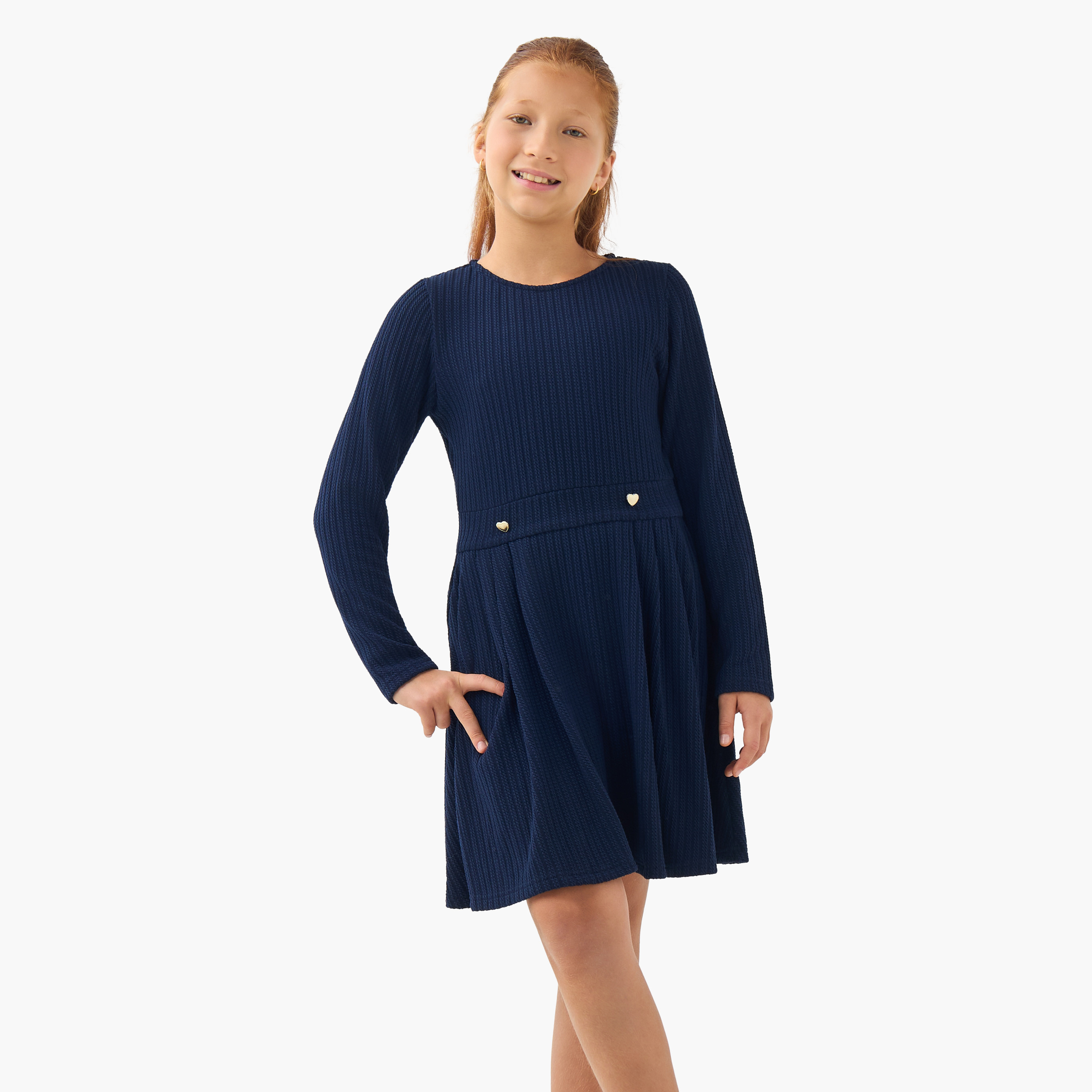 Juniors Round Neck Long Sleeves Dress with Ribbed Design-girls-clothing-dressesandjumpsuits-image-1