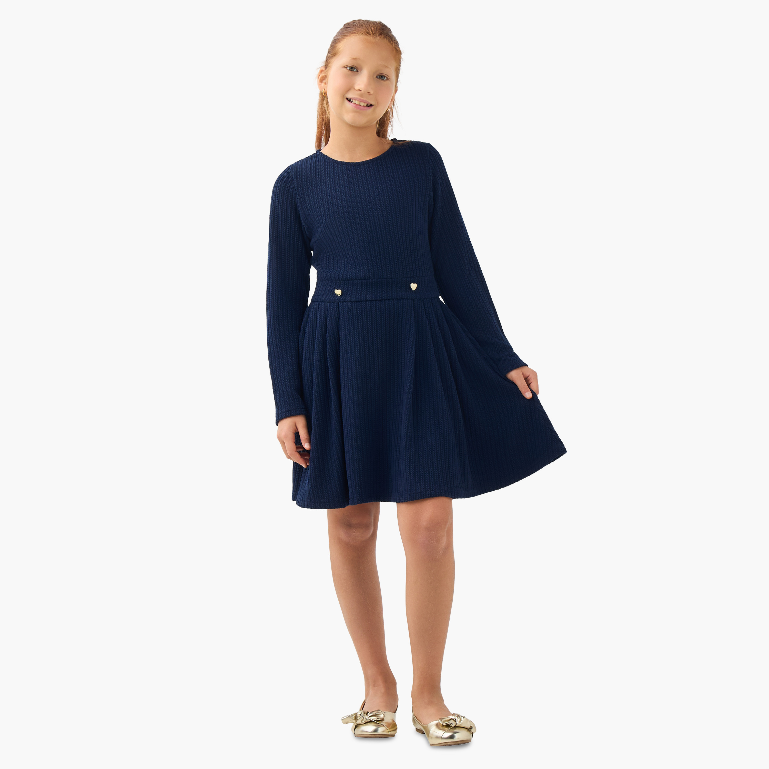 Juniors Round Neck Long Sleeves Dress with Ribbed Design-girls-clothing-dressesandjumpsuits-image-2