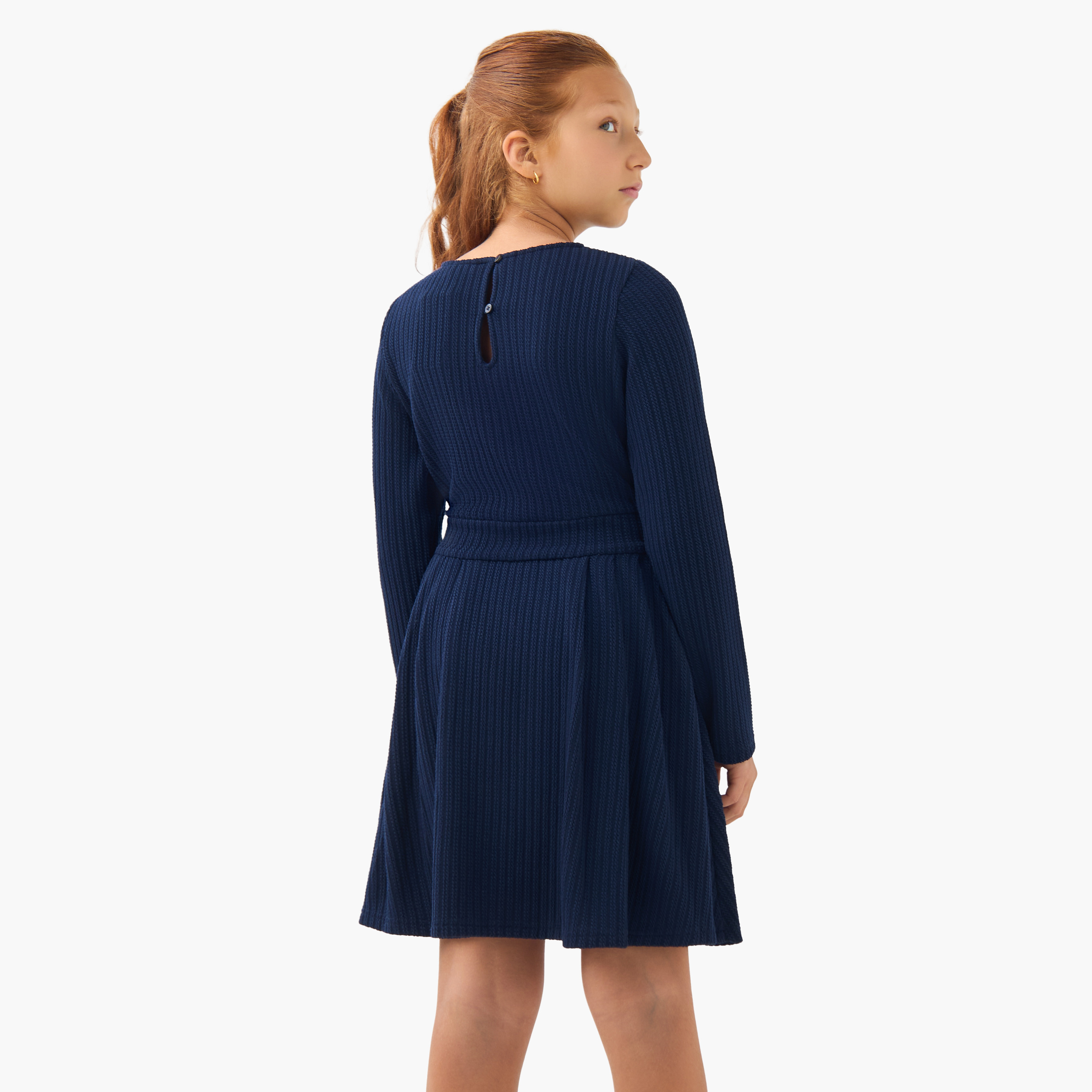 Juniors Round Neck Long Sleeves Dress with Ribbed Design-girls-clothing-dressesandjumpsuits-image-3