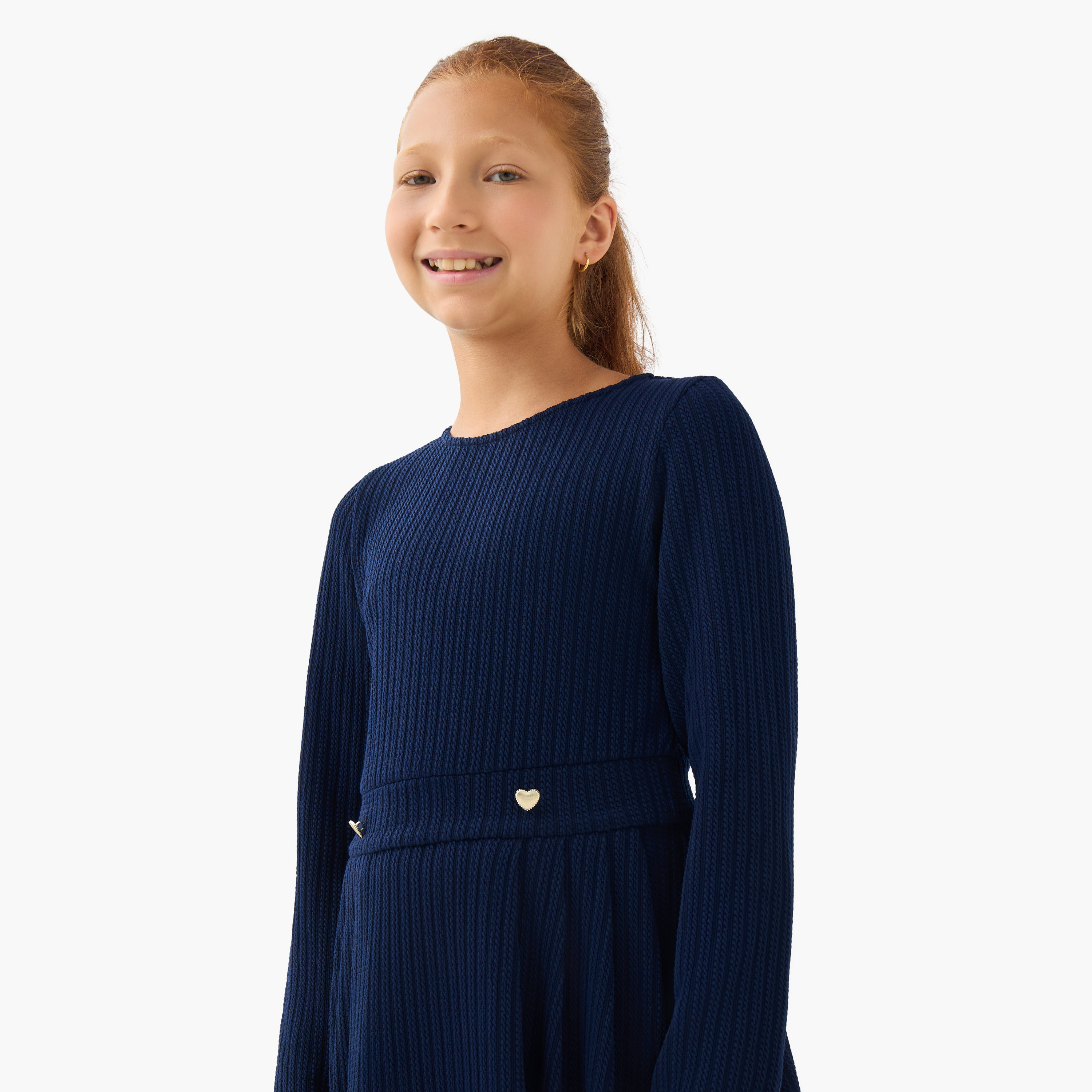 Juniors Round Neck Long Sleeves Dress with Ribbed Design-girls-clothing-dressesandjumpsuits-image-4
