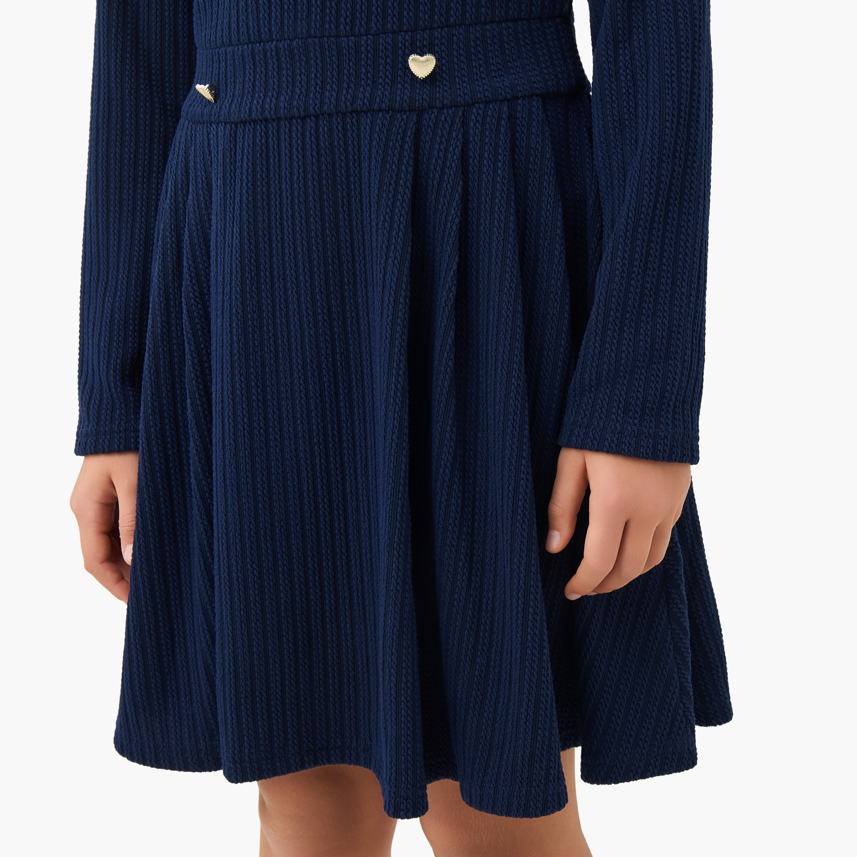 Juniors Round Neck Long Sleeves Dress with Ribbed Design-girls-clothing-dressesandjumpsuits-image-5