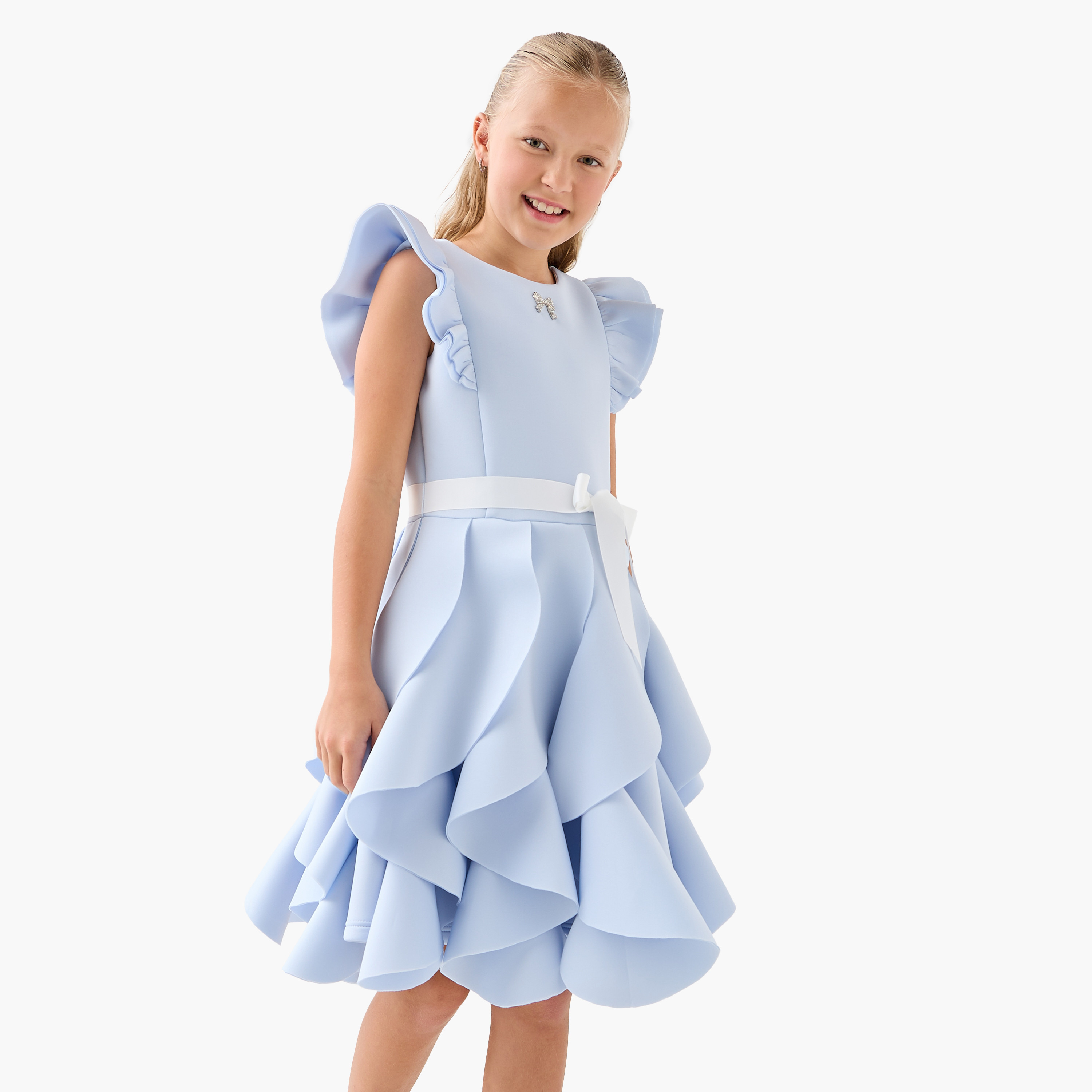 Juniors Round Neck Cap Sleeves Midi Dress with Ruffles-girls-clothing-dressesandjumpsuits-image-1