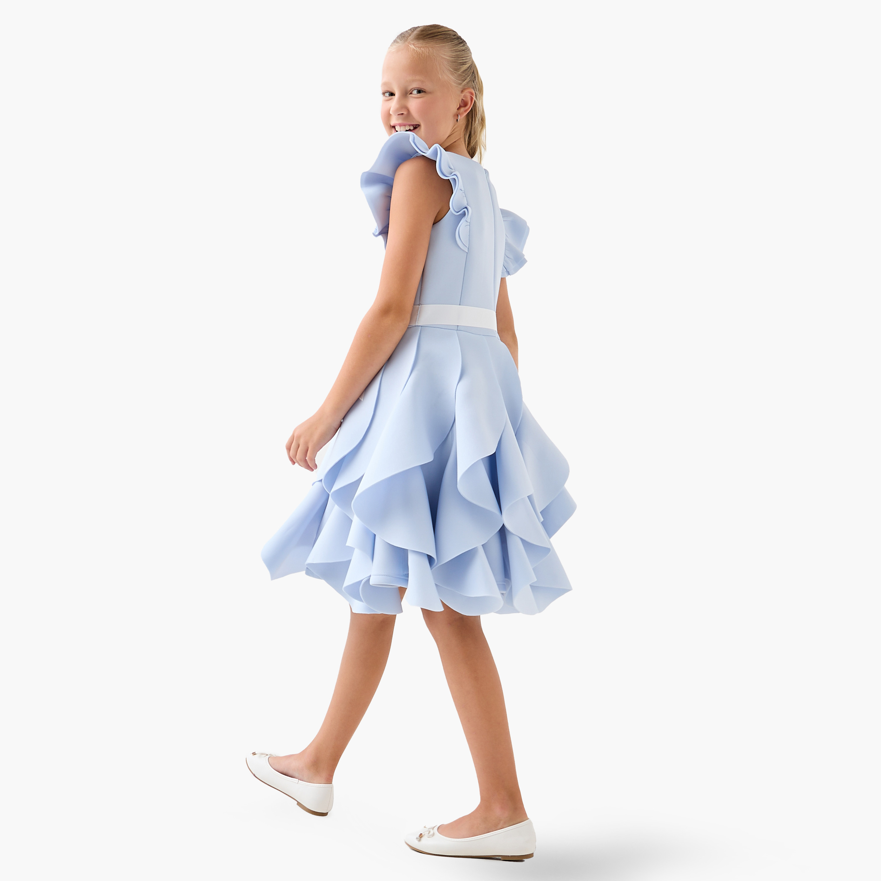 Juniors Round Neck Cap Sleeves Midi Dress with Ruffles-girls-clothing-dressesandjumpsuits-image-3