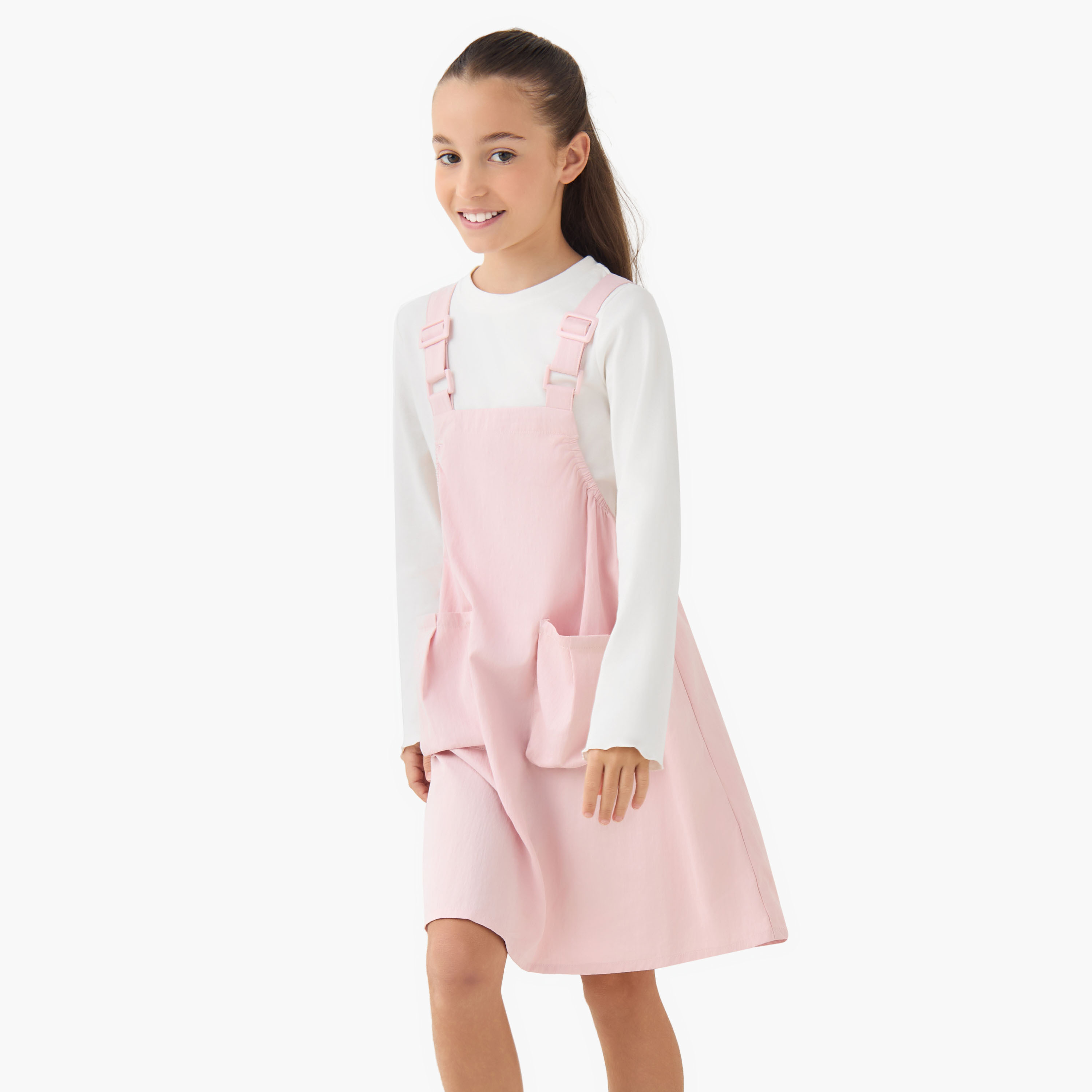 Juniors Round Neck Long Sleeve Pinafore with Pockets-girls-clothing-dressesandjumpsuits-image-1