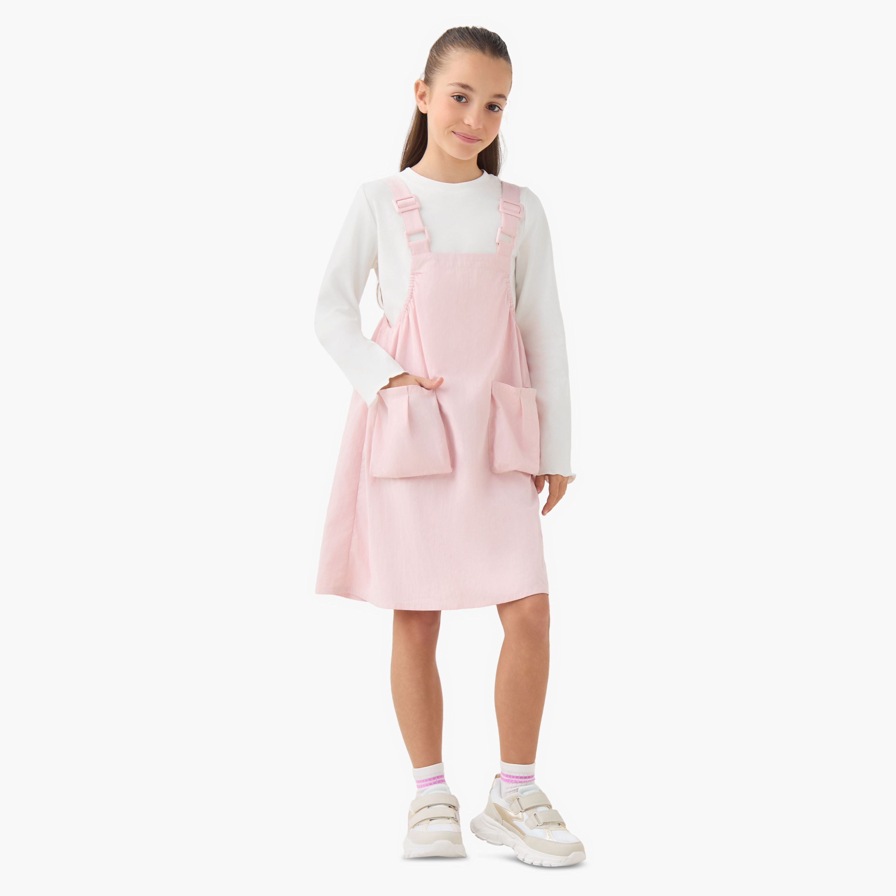 Juniors Round Neck Long Sleeve Pinafore with Pockets-girls-clothing-dressesandjumpsuits-image-2