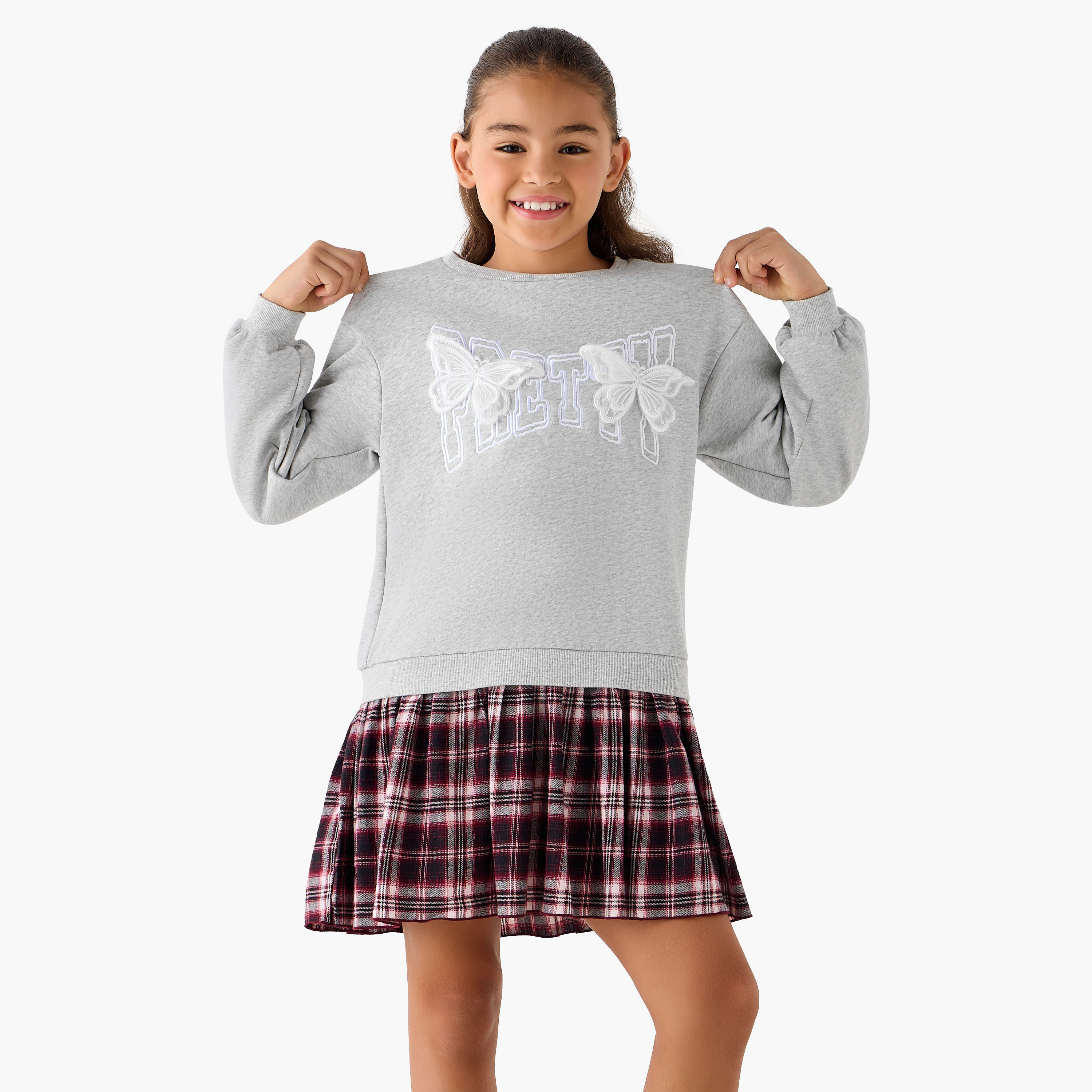 Juniors Round Neck Long Sleeves Sweat Dress with Butterfly Accent-girls-clothing-dressesandjumpsuits-image-1
