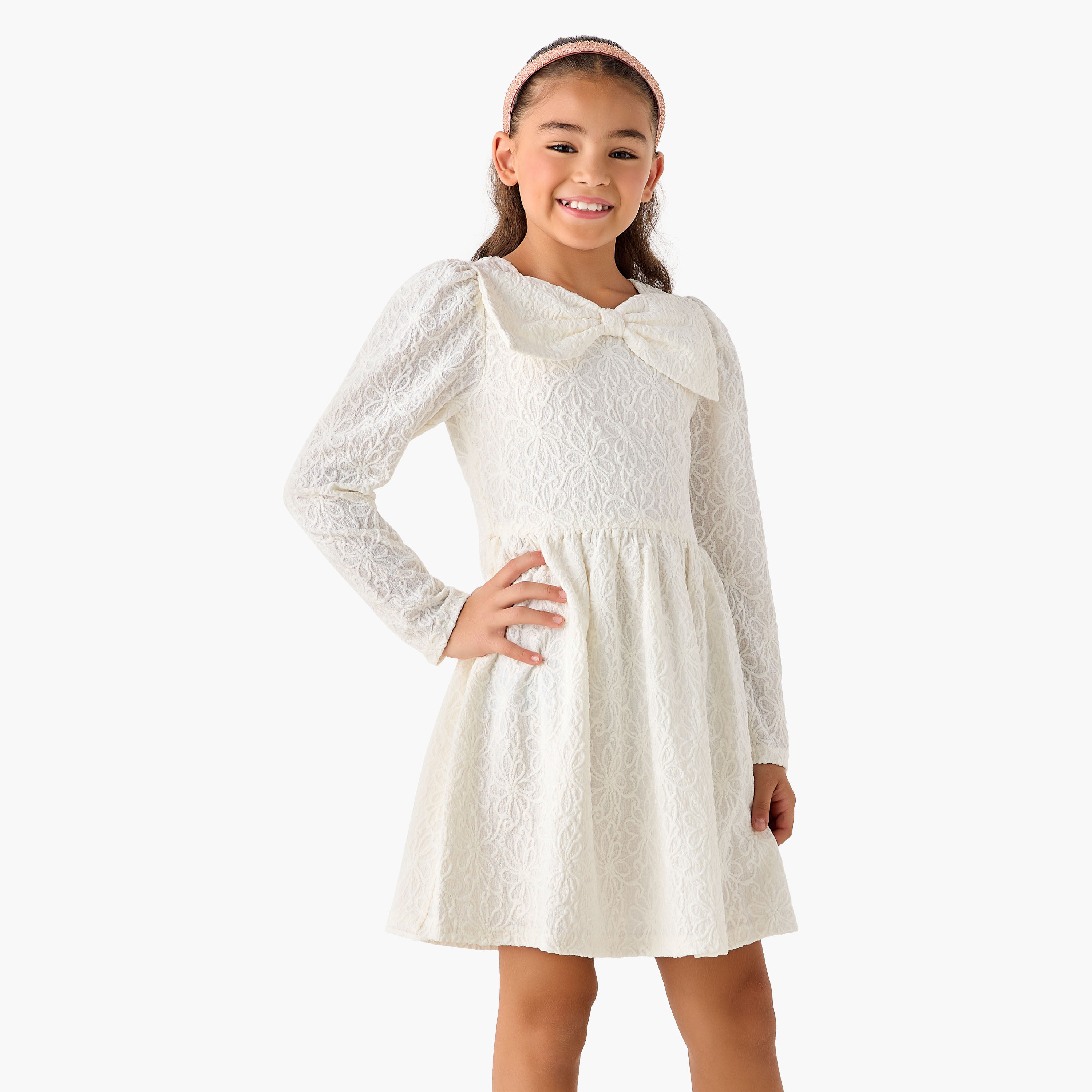 Juniors Square Neck Long Sleeves Dress with Bow Accent-girls-clothing-dressesandjumpsuits-image-1