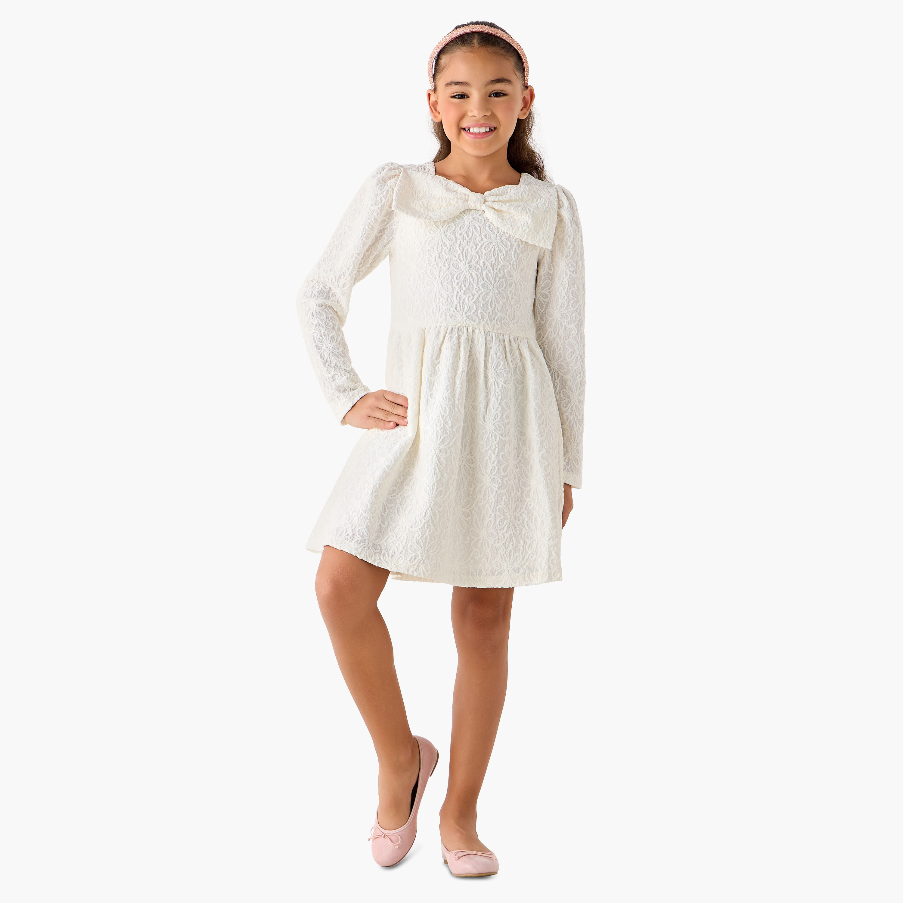 Juniors Square Neck Long Sleeves Dress with Bow Accent-girls-clothing-dressesandjumpsuits-image-2