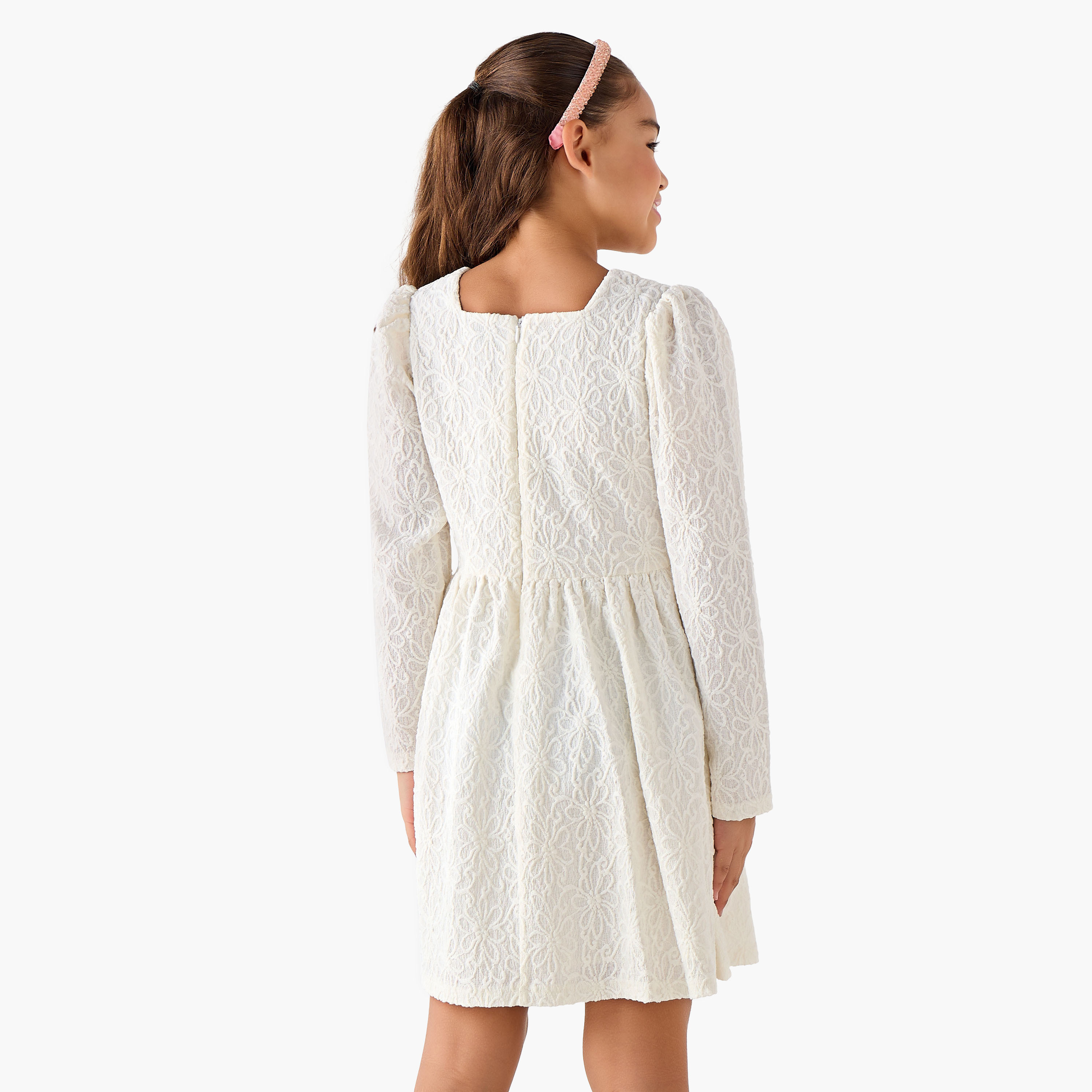 Juniors Square Neck Long Sleeves Dress with Bow Accent-girls-clothing-dressesandjumpsuits-image-3
