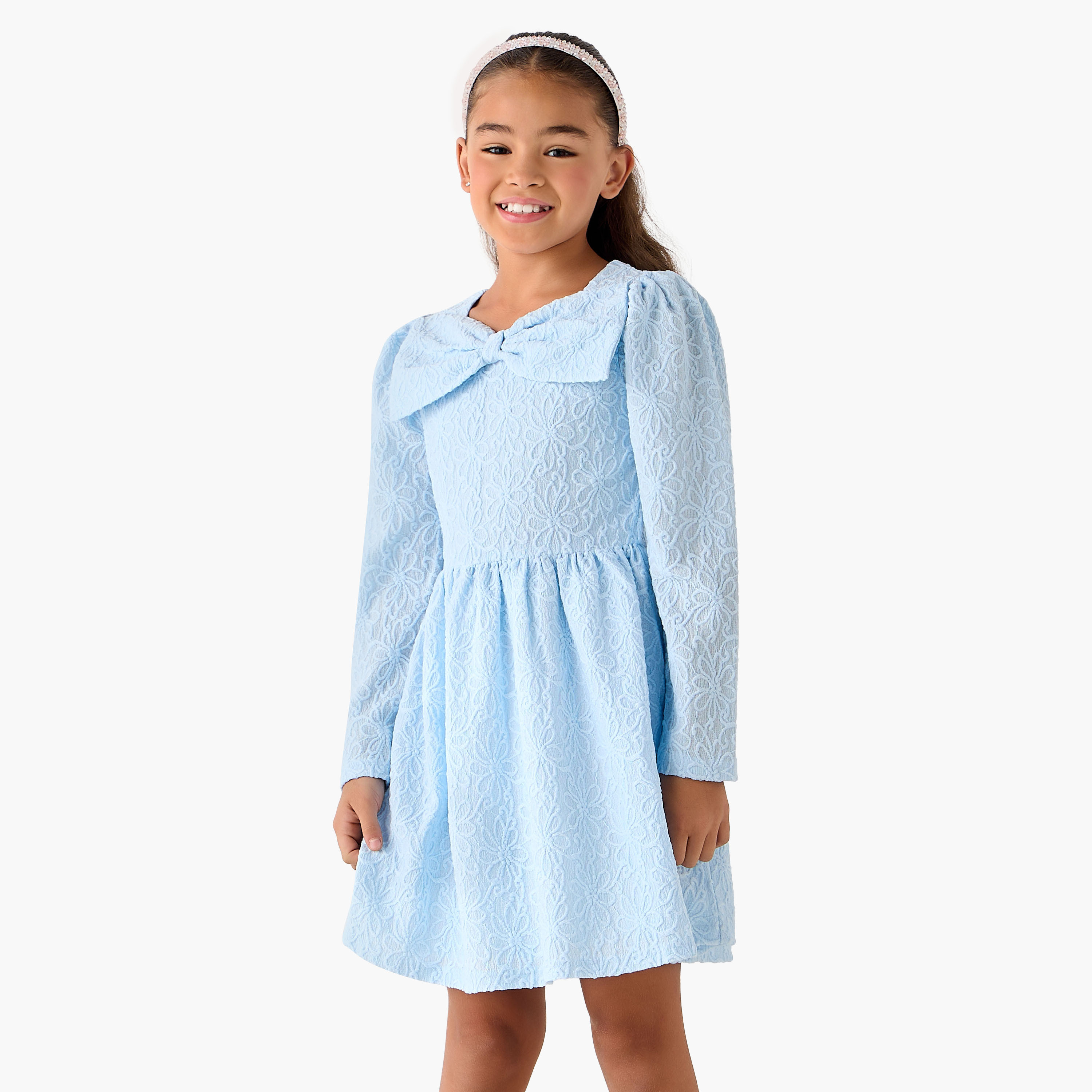 Juniors Square Neck Long Sleeves Dress with Bow Accent-girls-clothing-dressesandjumpsuits-image-1
