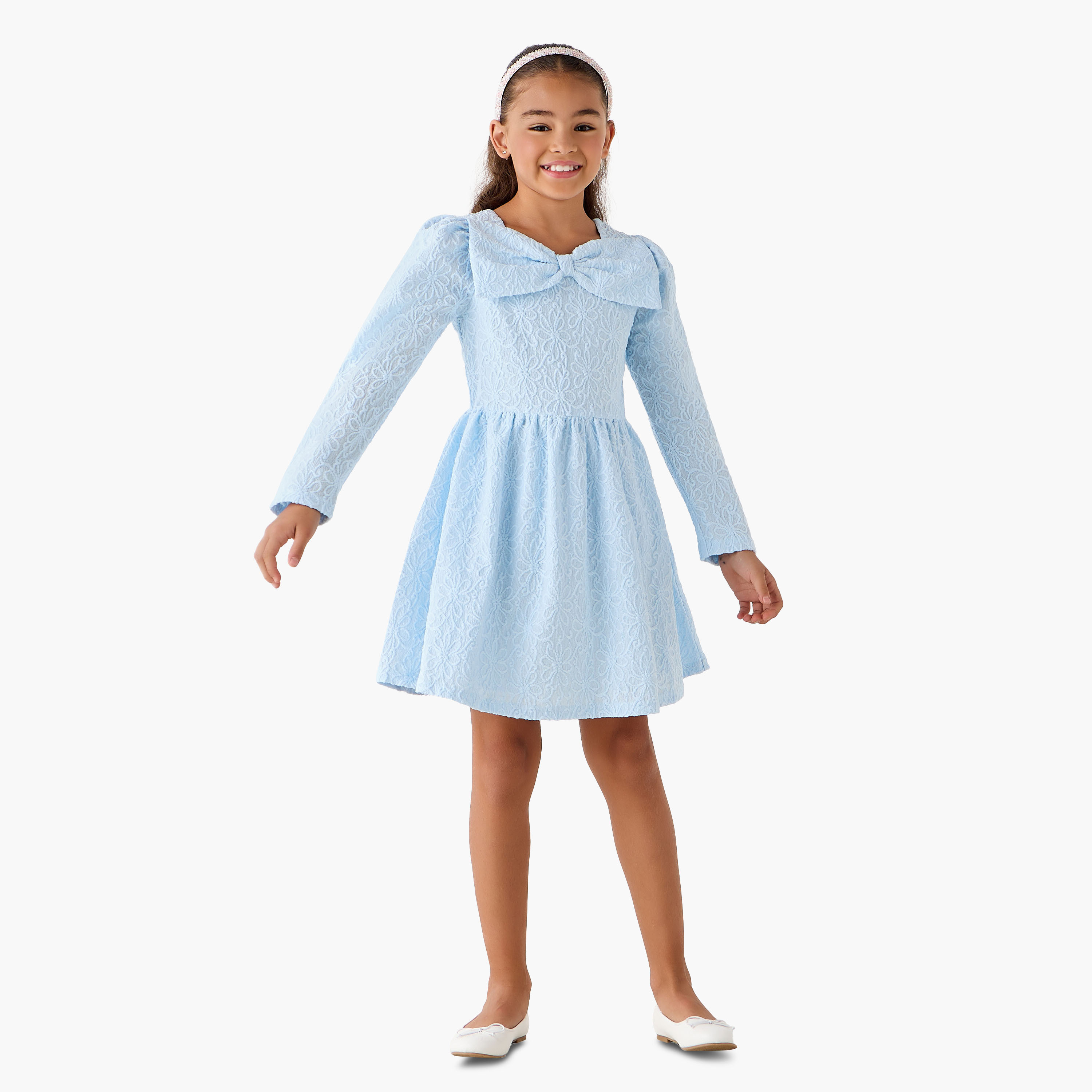Juniors Square Neck Long Sleeves Dress with Bow Accent-girls-clothing-dressesandjumpsuits-image-2