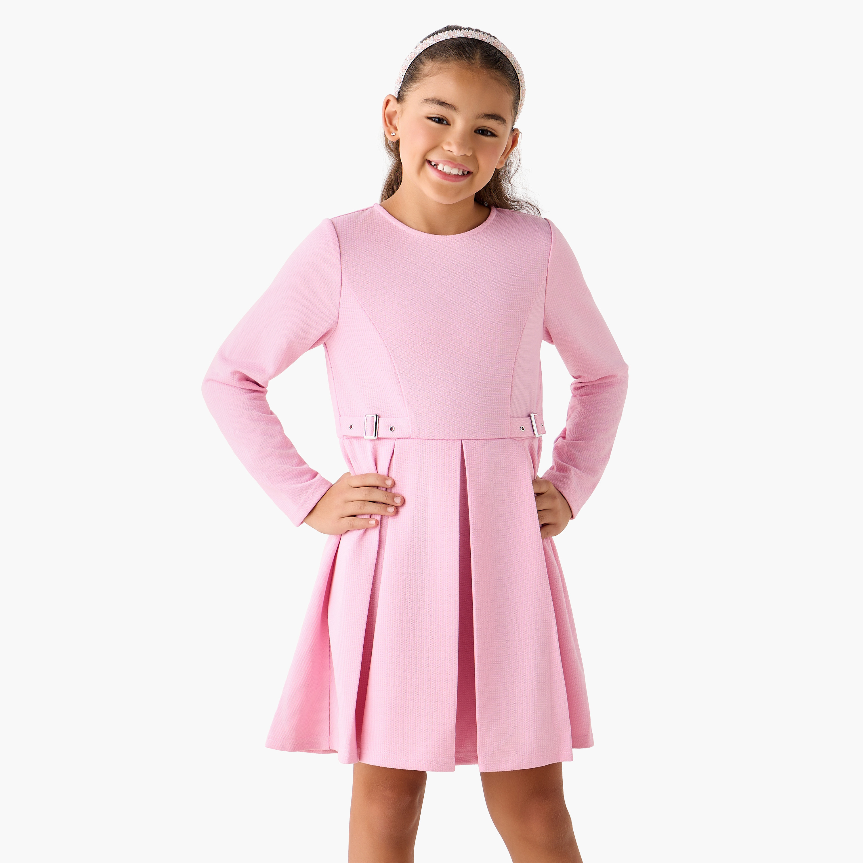 Juniors Crew Neck Long Sleeves Dress with Pleated Detail-girls-clothing-dressesandjumpsuits-image-1