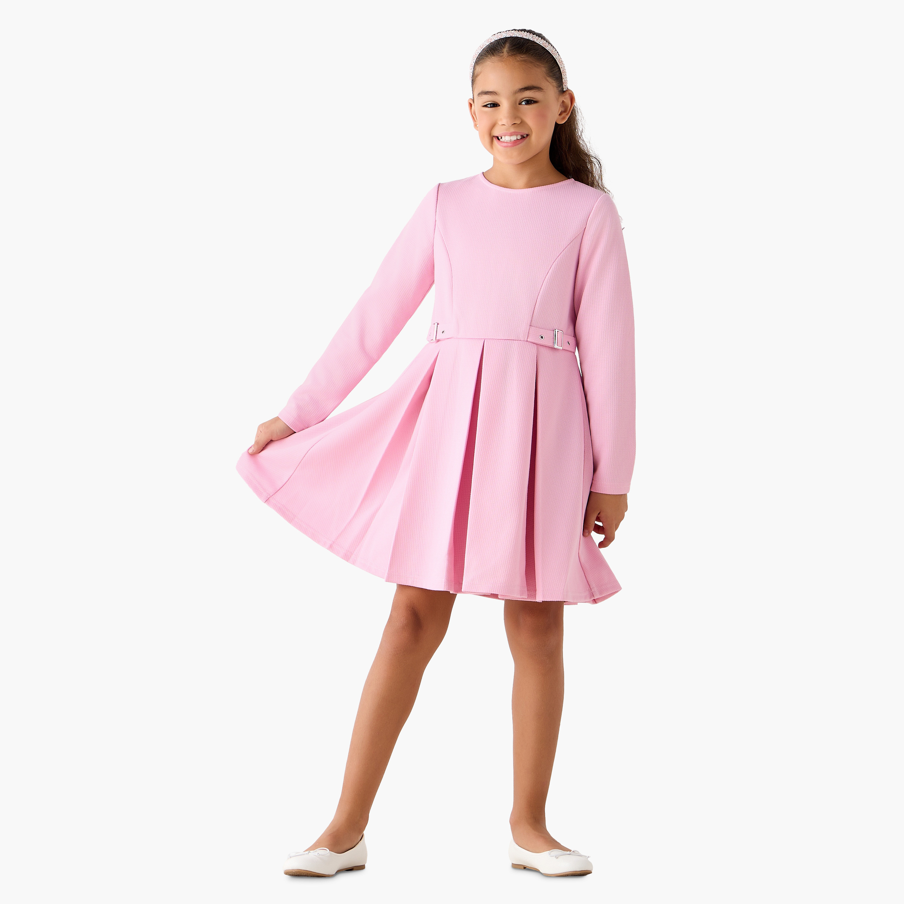 Juniors Crew Neck Long Sleeves Dress with Pleated Detail-girls-clothing-dressesandjumpsuits-image-2