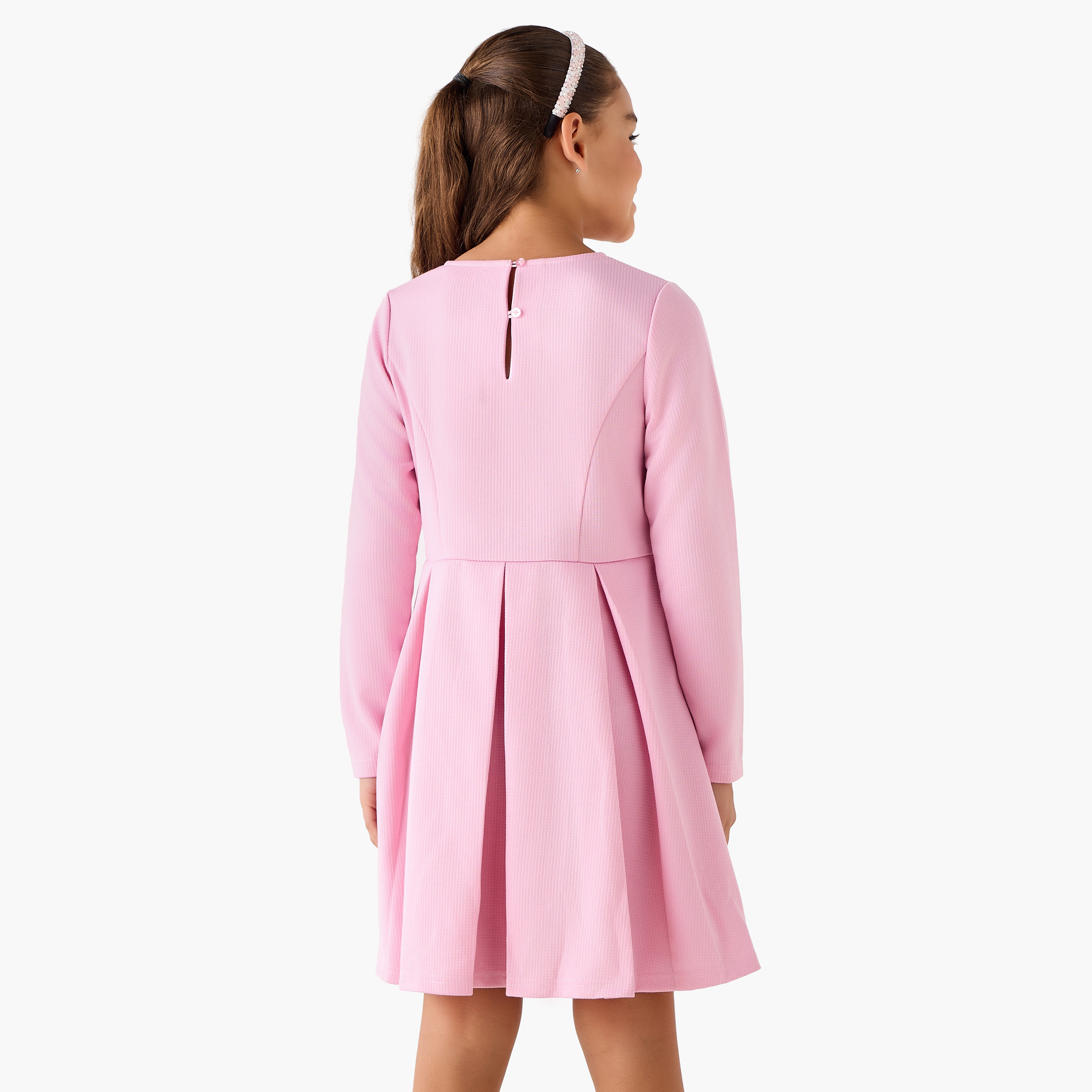 Juniors Crew Neck Long Sleeves Dress with Pleated Detail-girls-clothing-dressesandjumpsuits-image-3