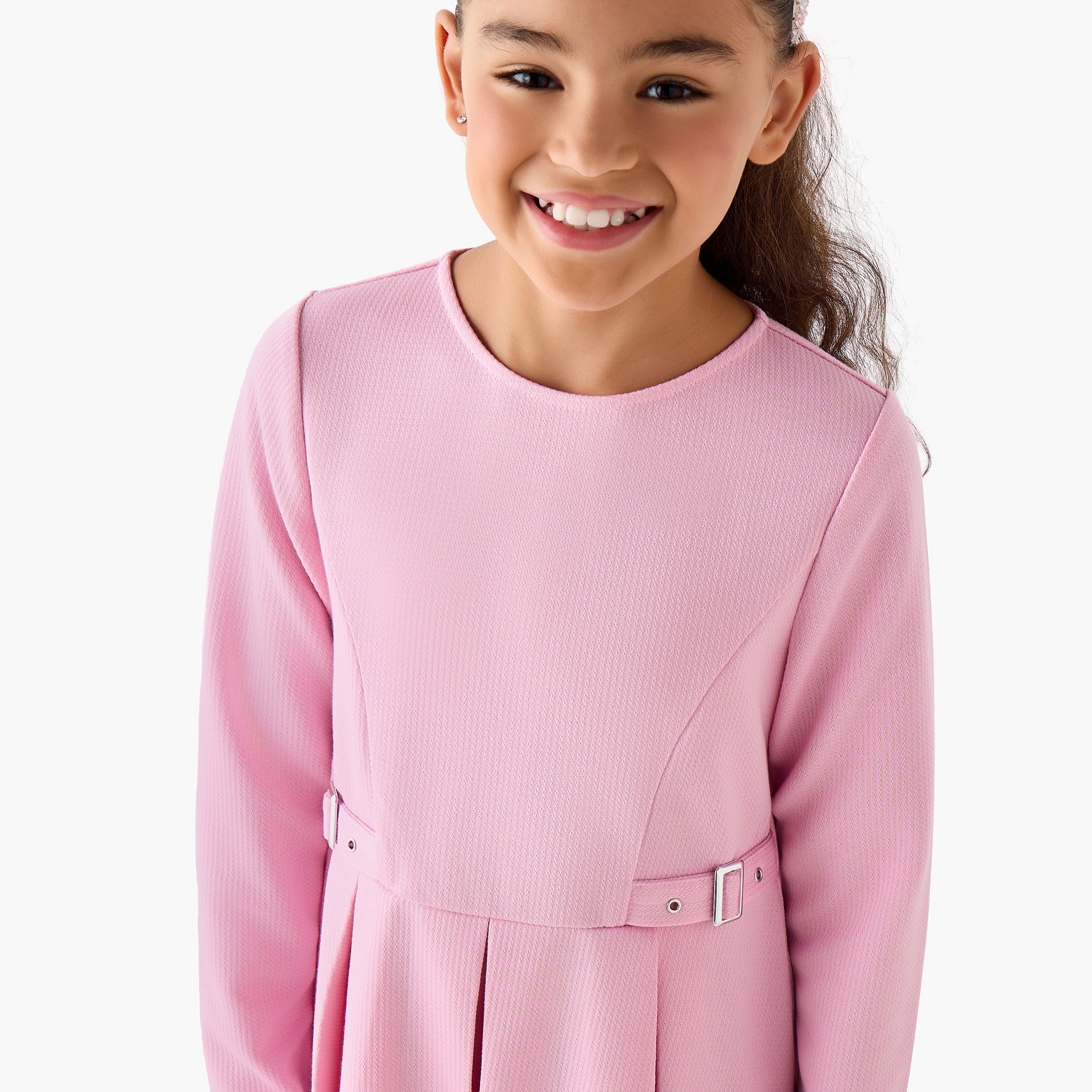 Juniors Crew Neck Long Sleeves Dress with Pleated Detail-girls-clothing-dressesandjumpsuits-image-4
