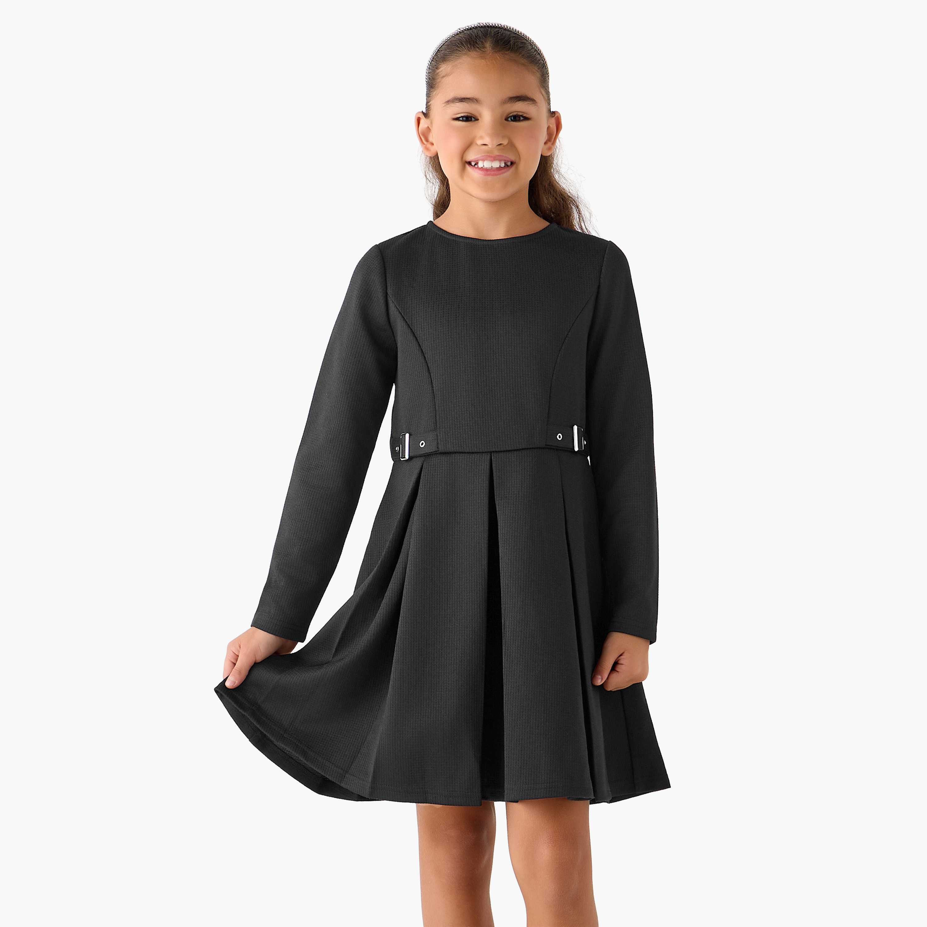 Juniors Crew Neck Long Sleeves Dress with Pleated Detail-girls-clothing-dressesandjumpsuits-image-1