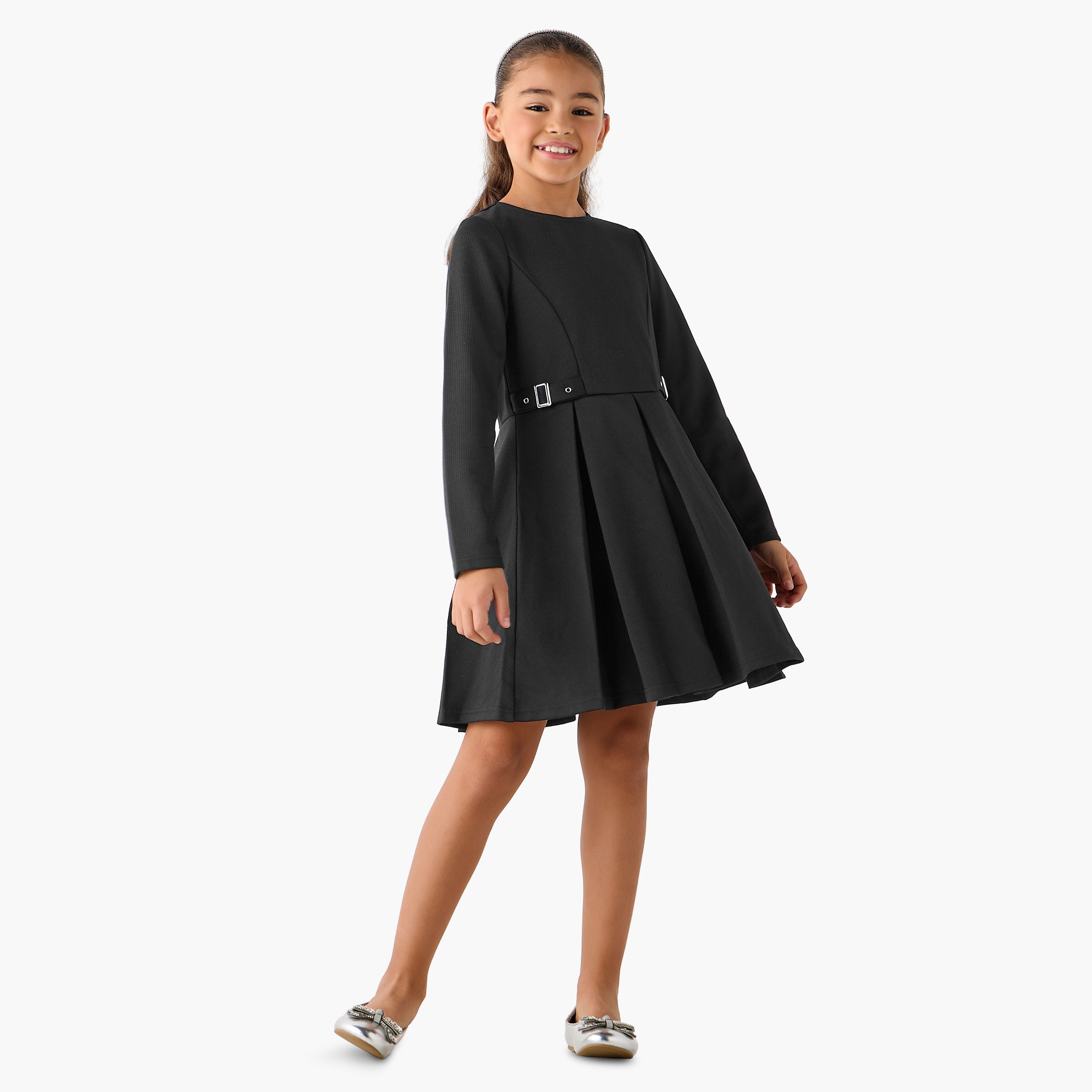 Juniors Crew Neck Long Sleeves Dress with Pleated Detail-girls-clothing-dressesandjumpsuits-image-2