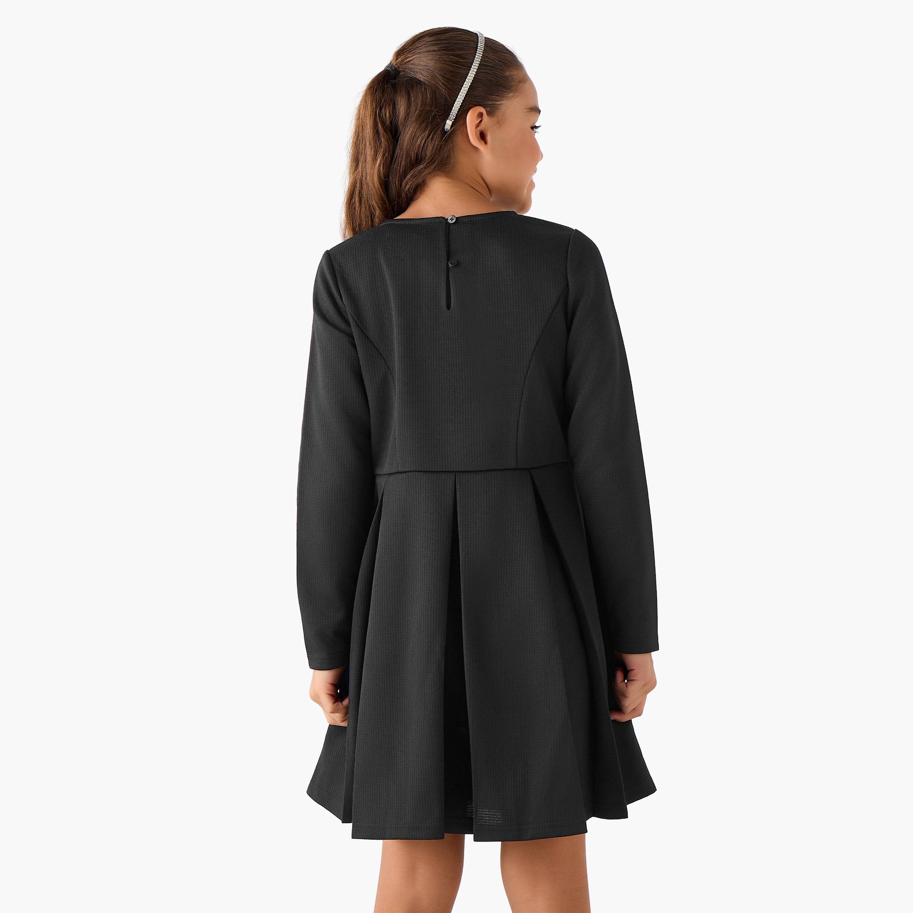 Juniors Crew Neck Long Sleeves Dress with Pleated Detail-girls-clothing-dressesandjumpsuits-image-3