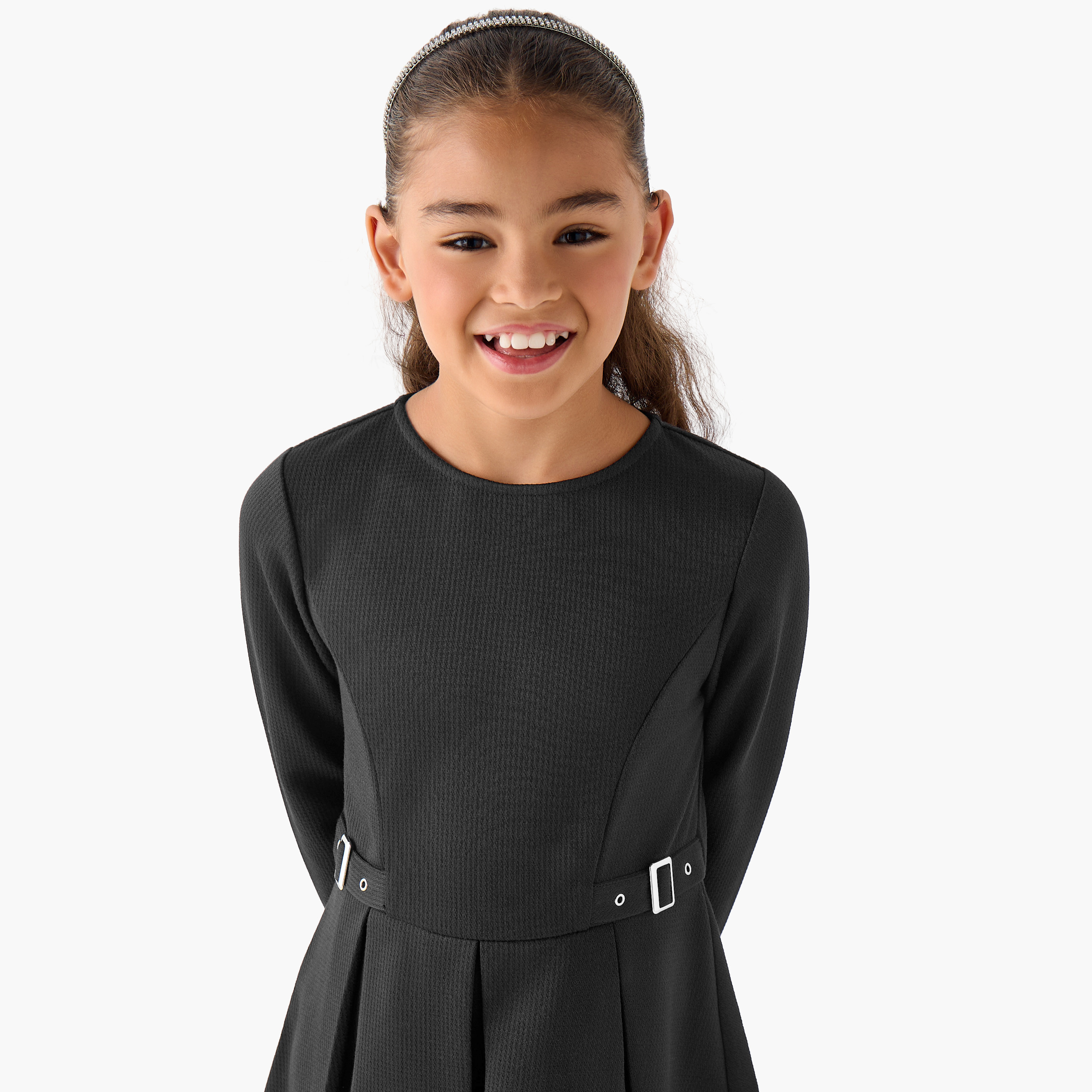 Juniors Crew Neck Long Sleeves Dress with Pleated Detail-girls-clothing-dressesandjumpsuits-image-4
