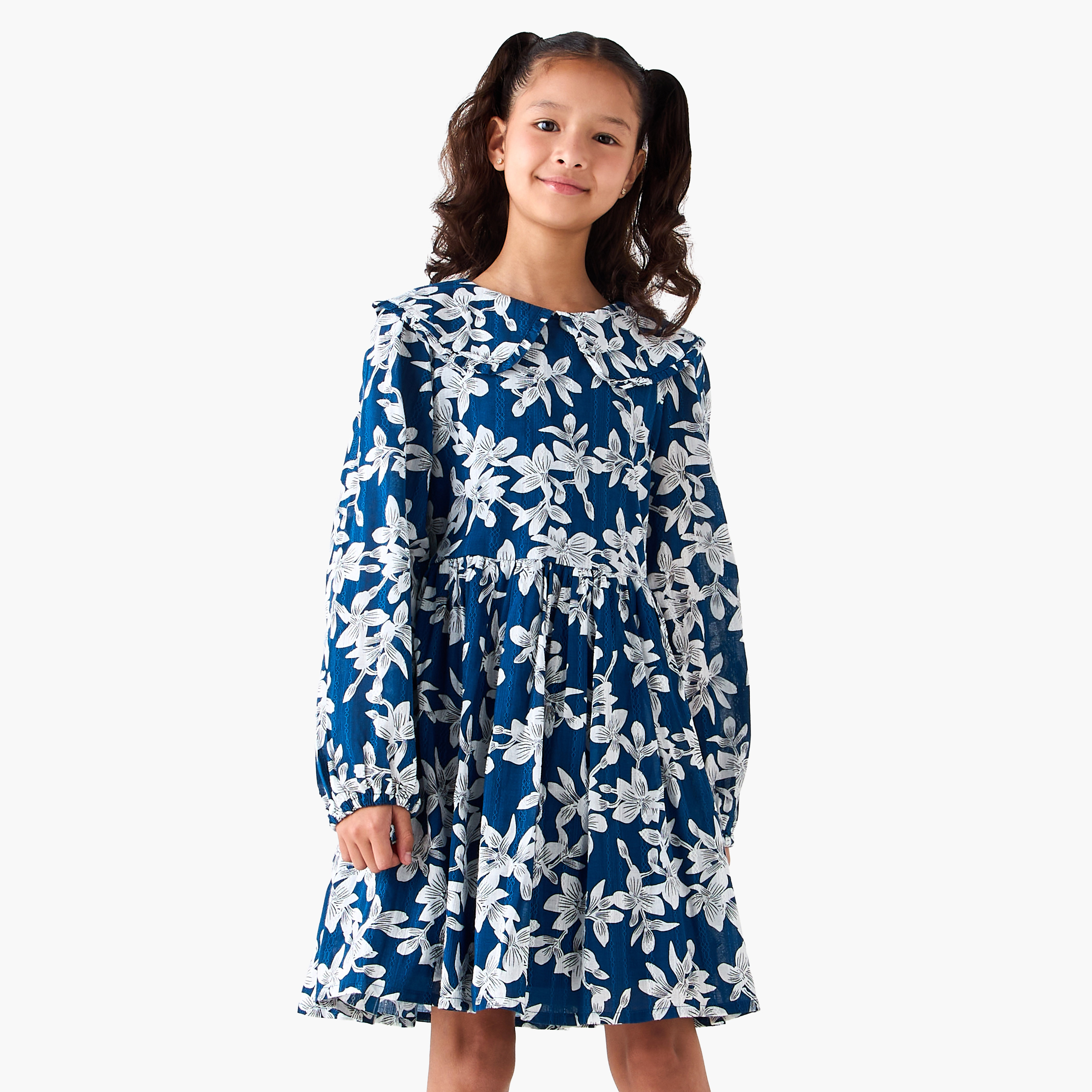 Juniors Collared Long Sleeves A-Line Dress with Floral Print-girls-clothing-dressesandjumpsuits-image-1