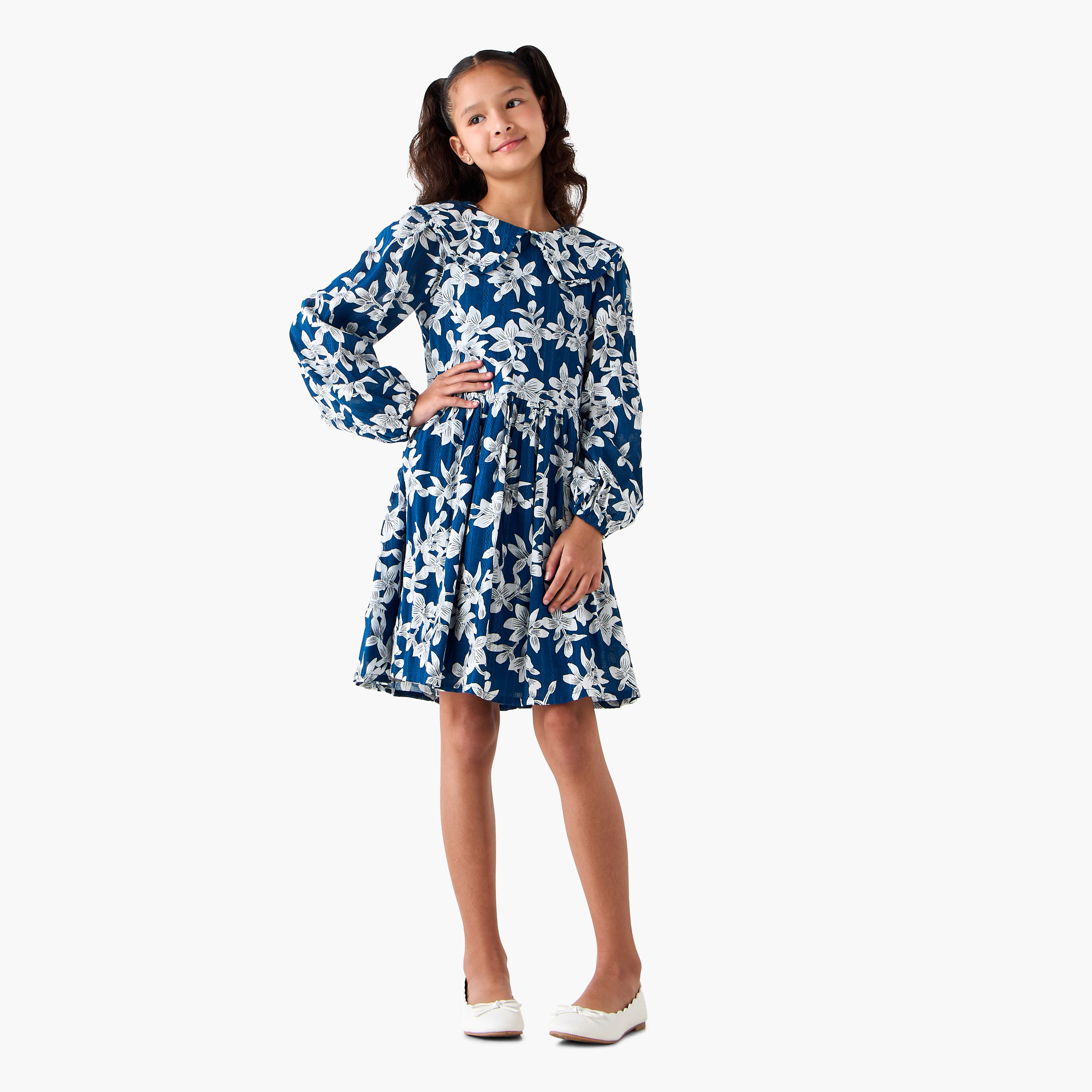 Juniors Collared Long Sleeves A-Line Dress with Floral Print-girls-clothing-dressesandjumpsuits-image-2