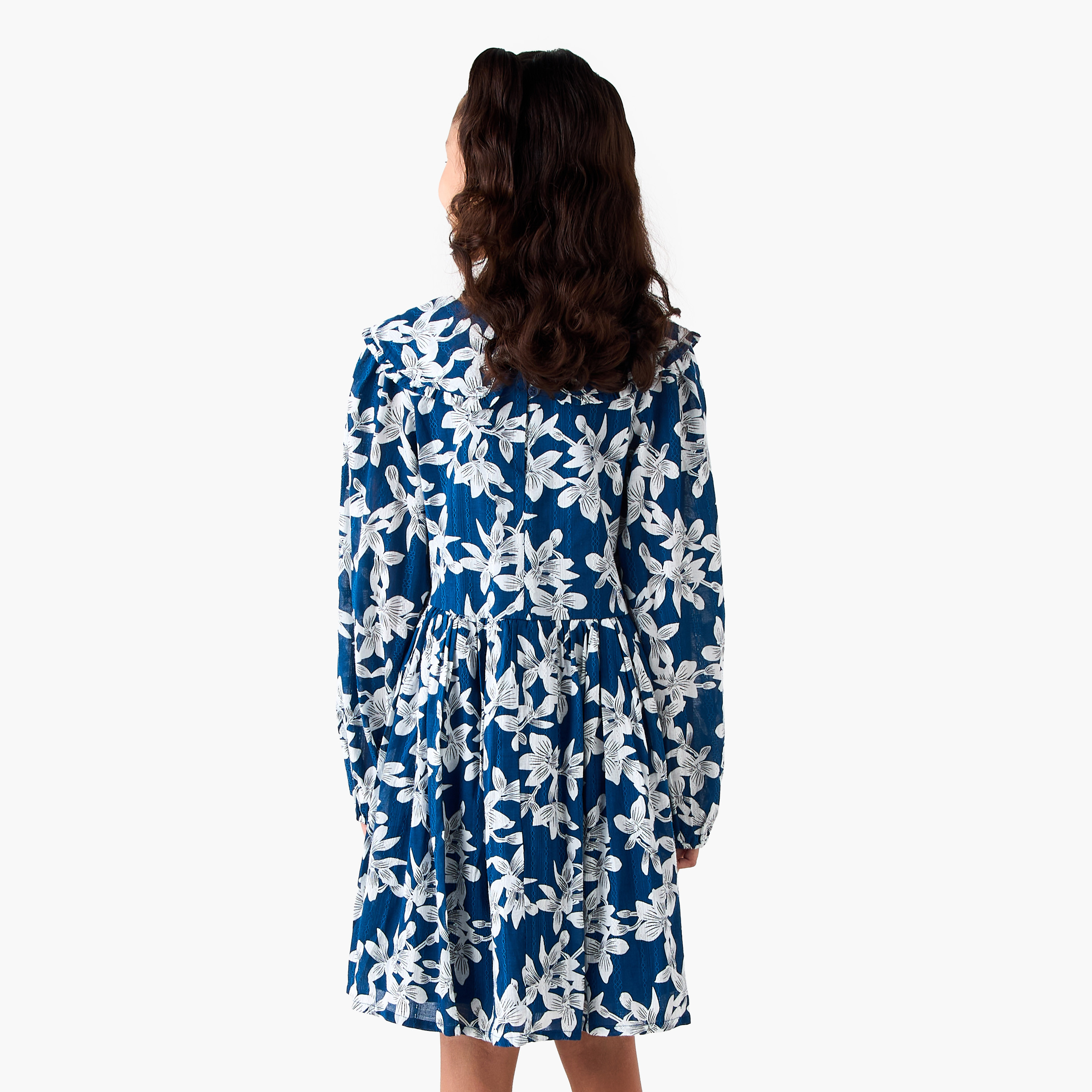 Juniors Collared Long Sleeves A-Line Dress with Floral Print-girls-clothing-dressesandjumpsuits-image-3