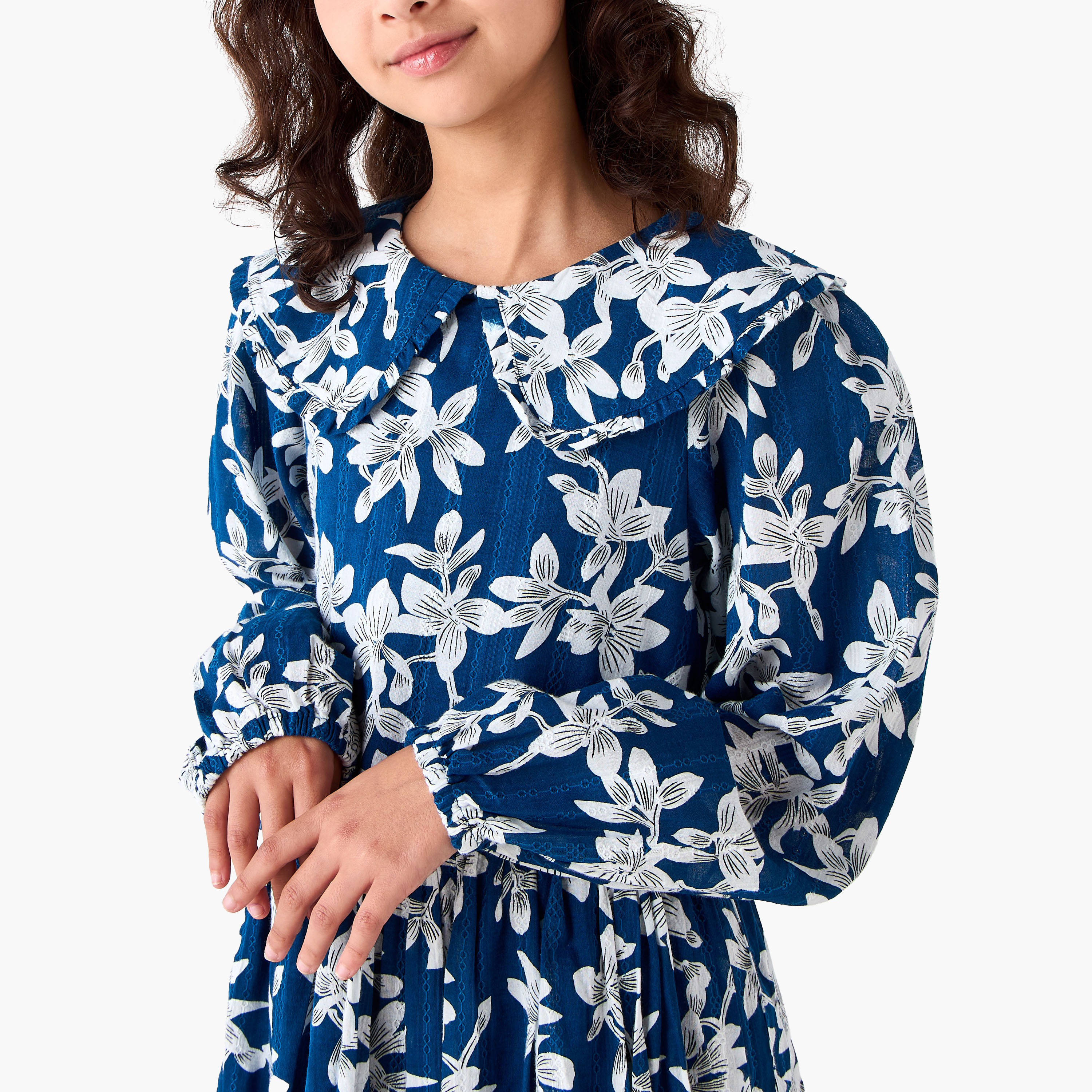 Juniors Collared Long Sleeves A-Line Dress with Floral Print-girls-clothing-dressesandjumpsuits-image-4