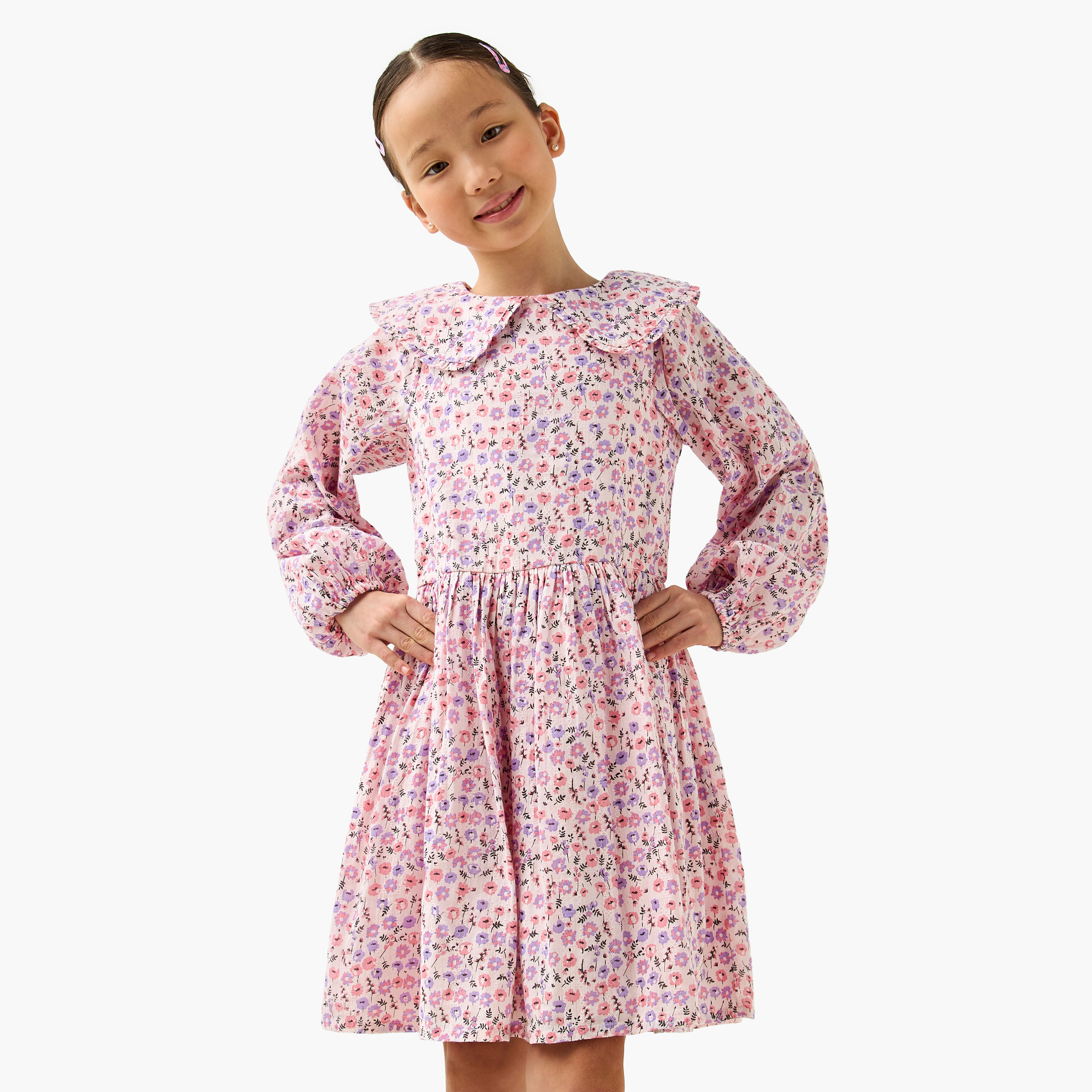 Juniors Peter Pan Collar Long Puff Sleeves Dress with Floral Print-girls-clothing-dressesandjumpsuits-image-1