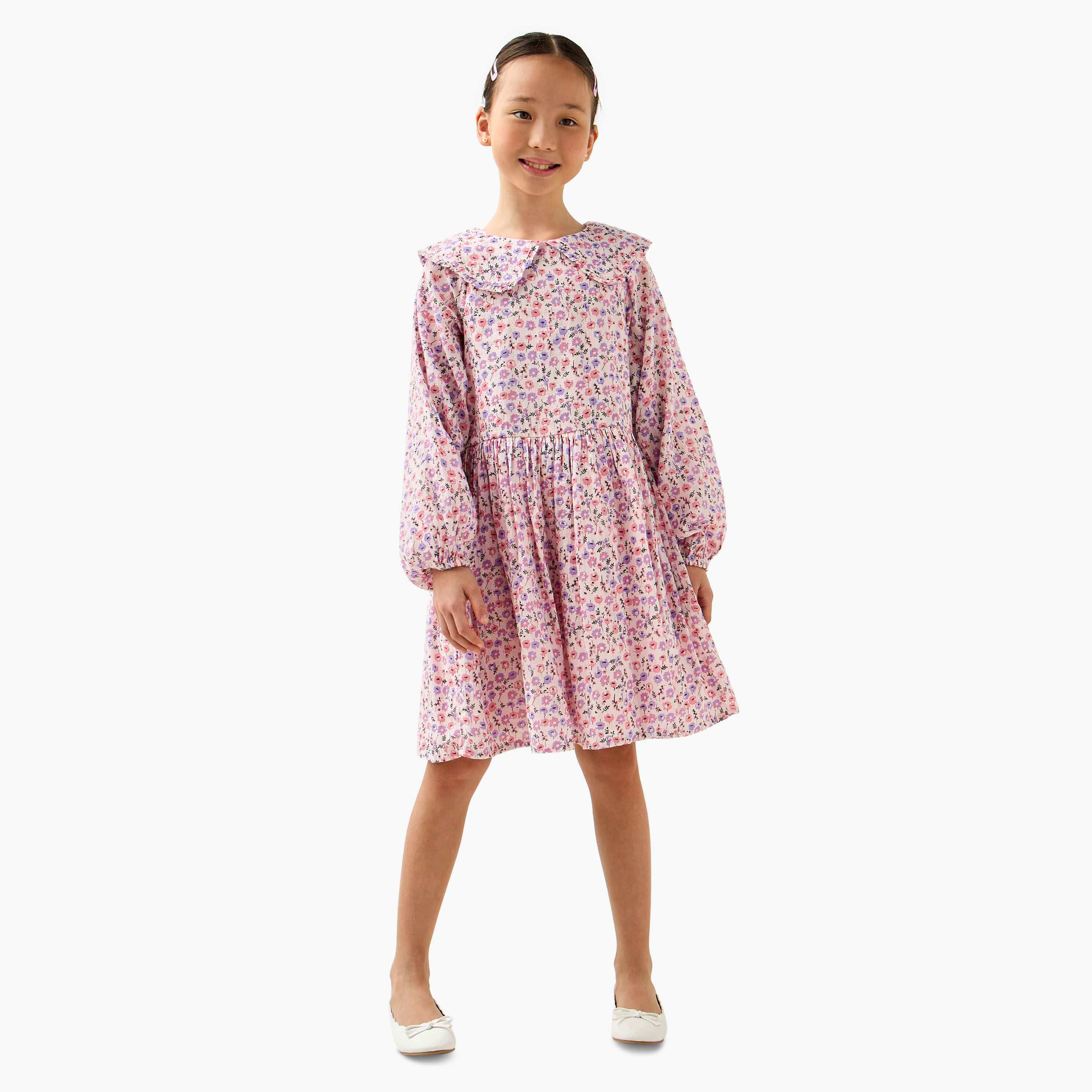 Juniors Peter Pan Collar Long Puff Sleeves Dress with Floral Print-girls-clothing-dressesandjumpsuits-image-2