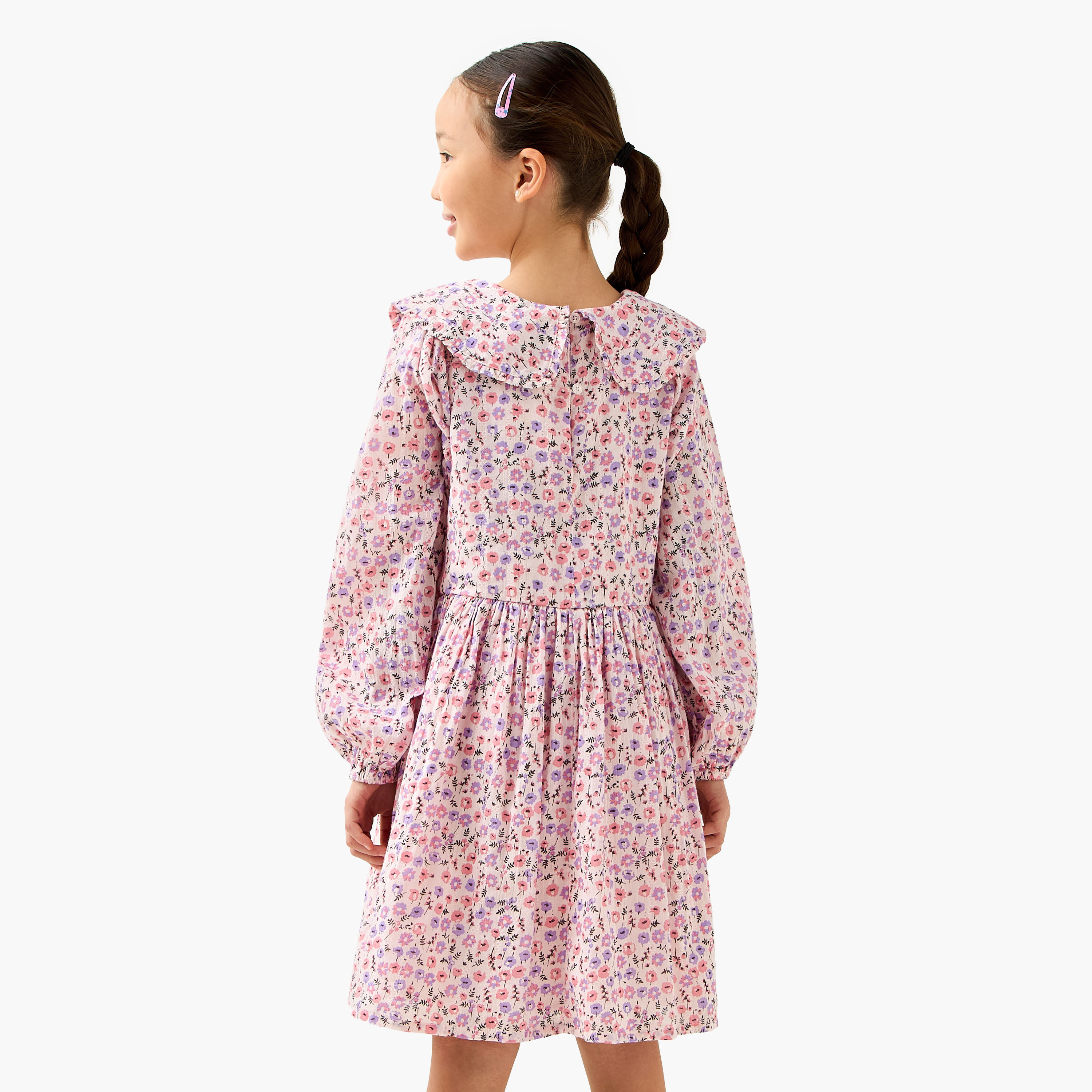Juniors Peter Pan Collar Long Puff Sleeves Dress with Floral Print-girls-clothing-dressesandjumpsuits-image-3