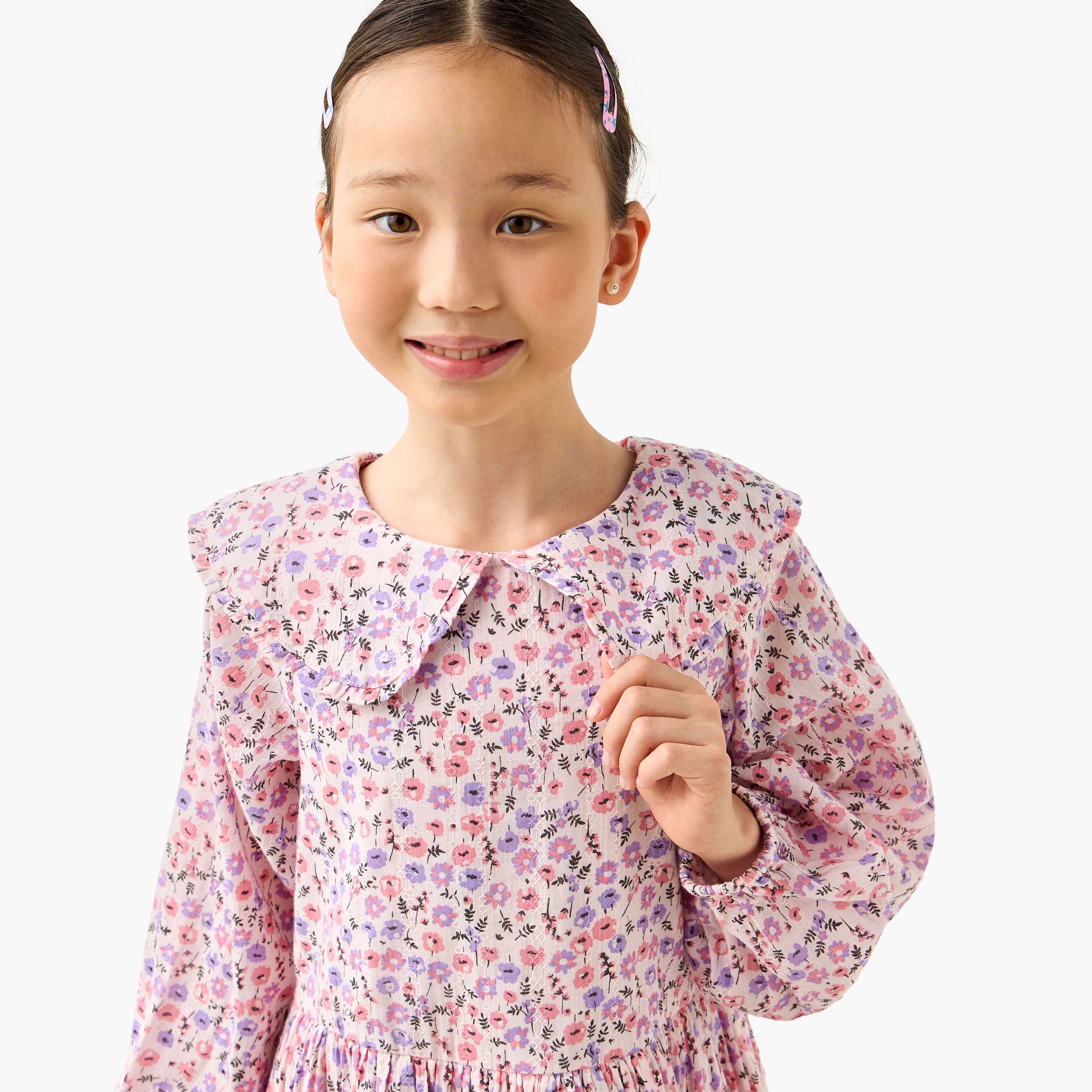 Juniors Peter Pan Collar Long Puff Sleeves Dress with Floral Print-girls-clothing-dressesandjumpsuits-image-4
