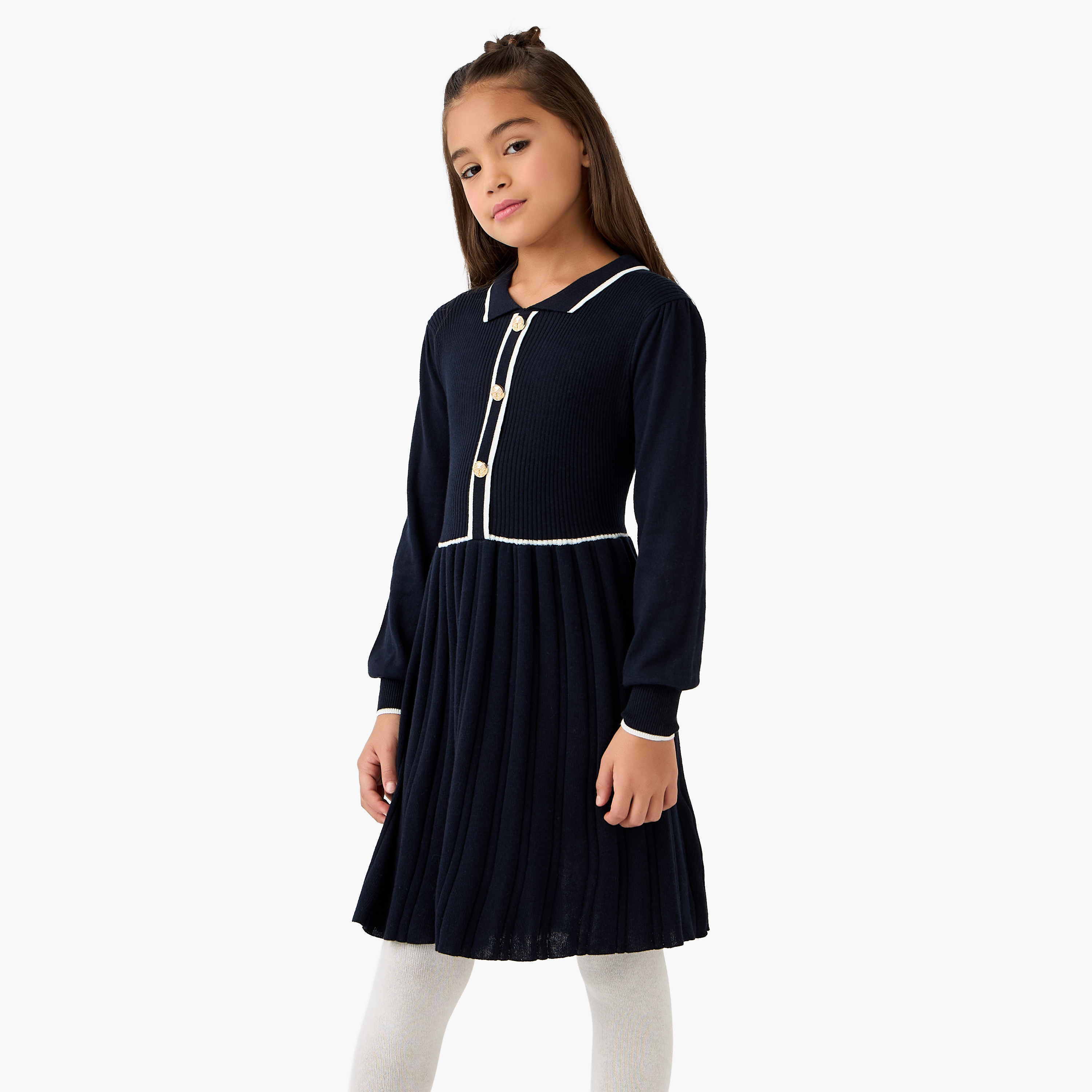 Juniors Collared Long Sleeves Knee Length Sweater Dress with Stockings-girls-clothing-dressesandjumpsuits-image-1