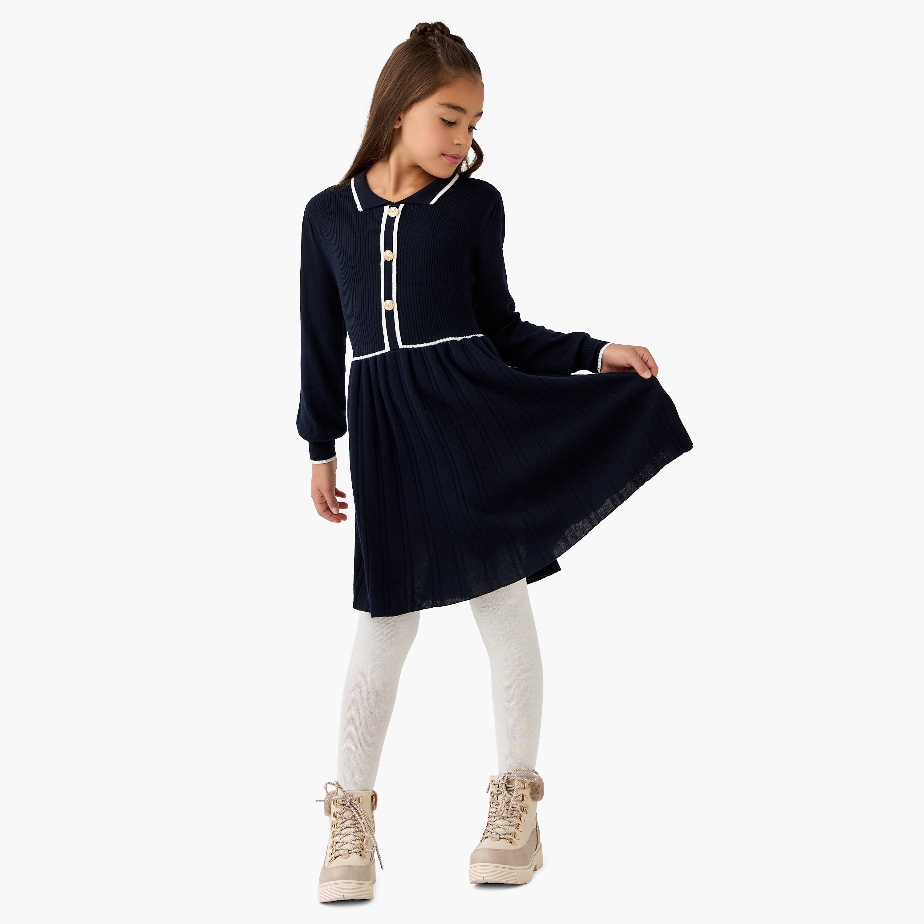Juniors Collared Long Sleeves Knee Length Sweater Dress with Stockings-girls-clothing-dressesandjumpsuits-image-2