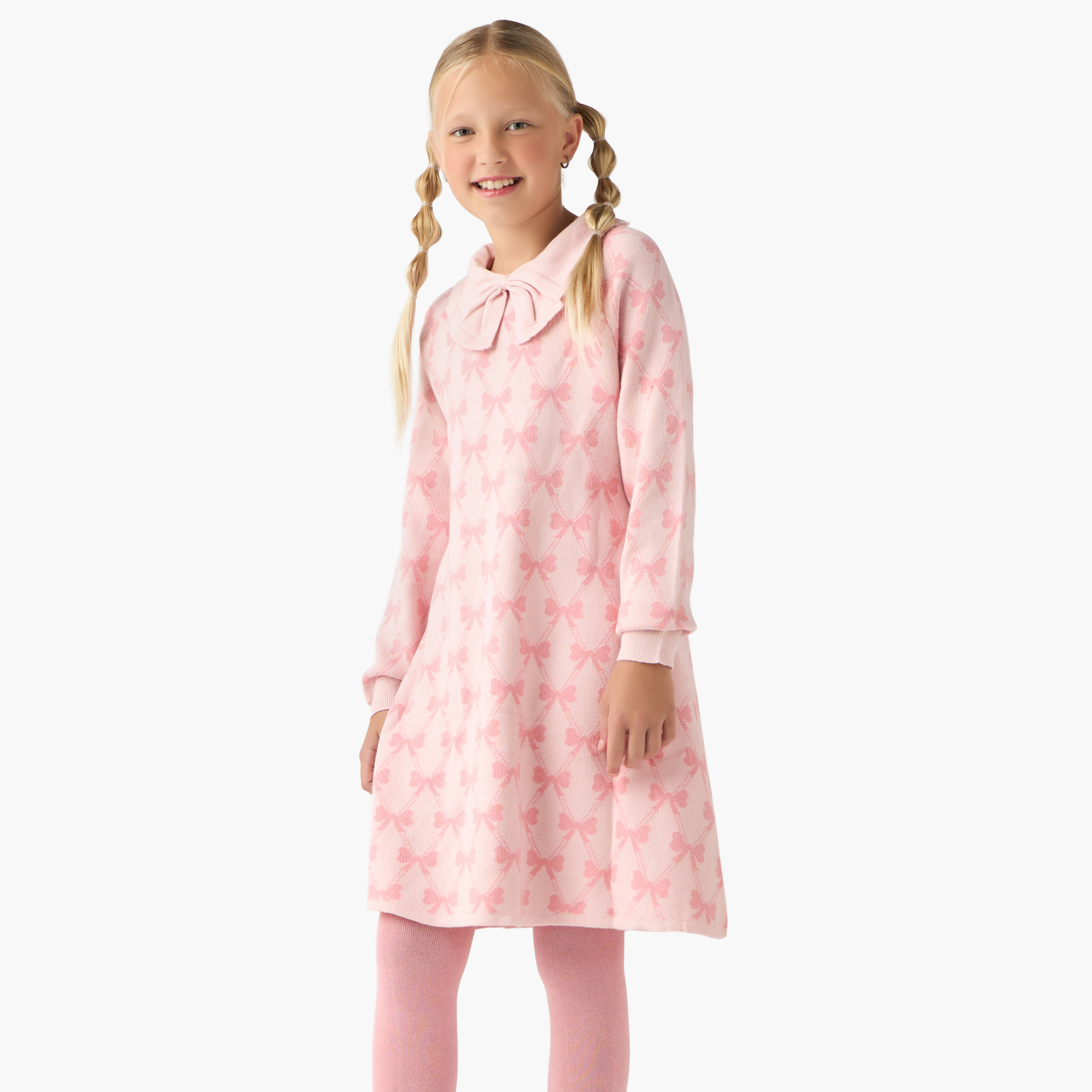Juniors Collared Long Sleeves Knee Length Sweater Dress with Stockings-girls-clothing-dressesandjumpsuits-image-1