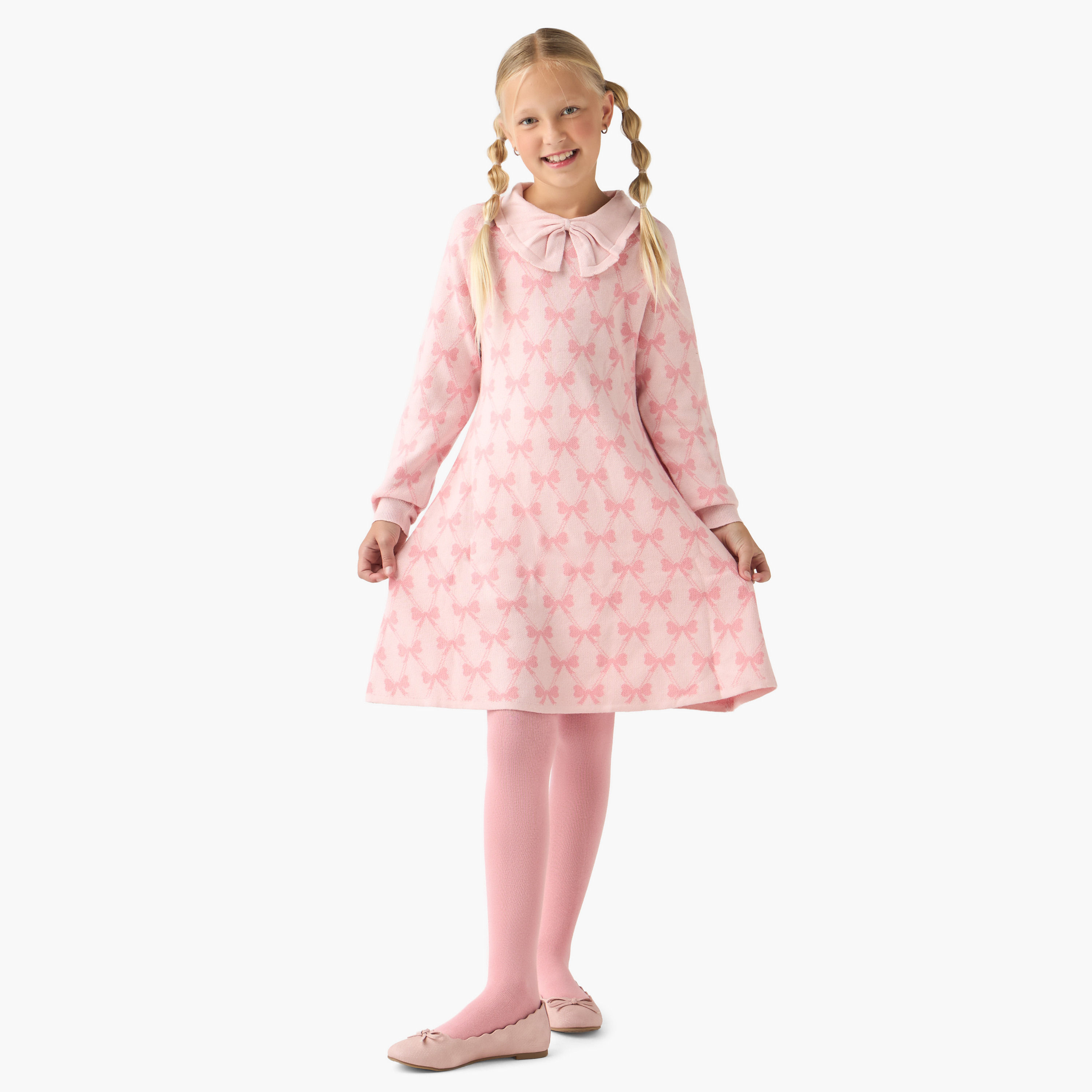 Juniors Collared Long Sleeves Knee Length Sweater Dress with Stockings-girls-clothing-dressesandjumpsuits-image-2