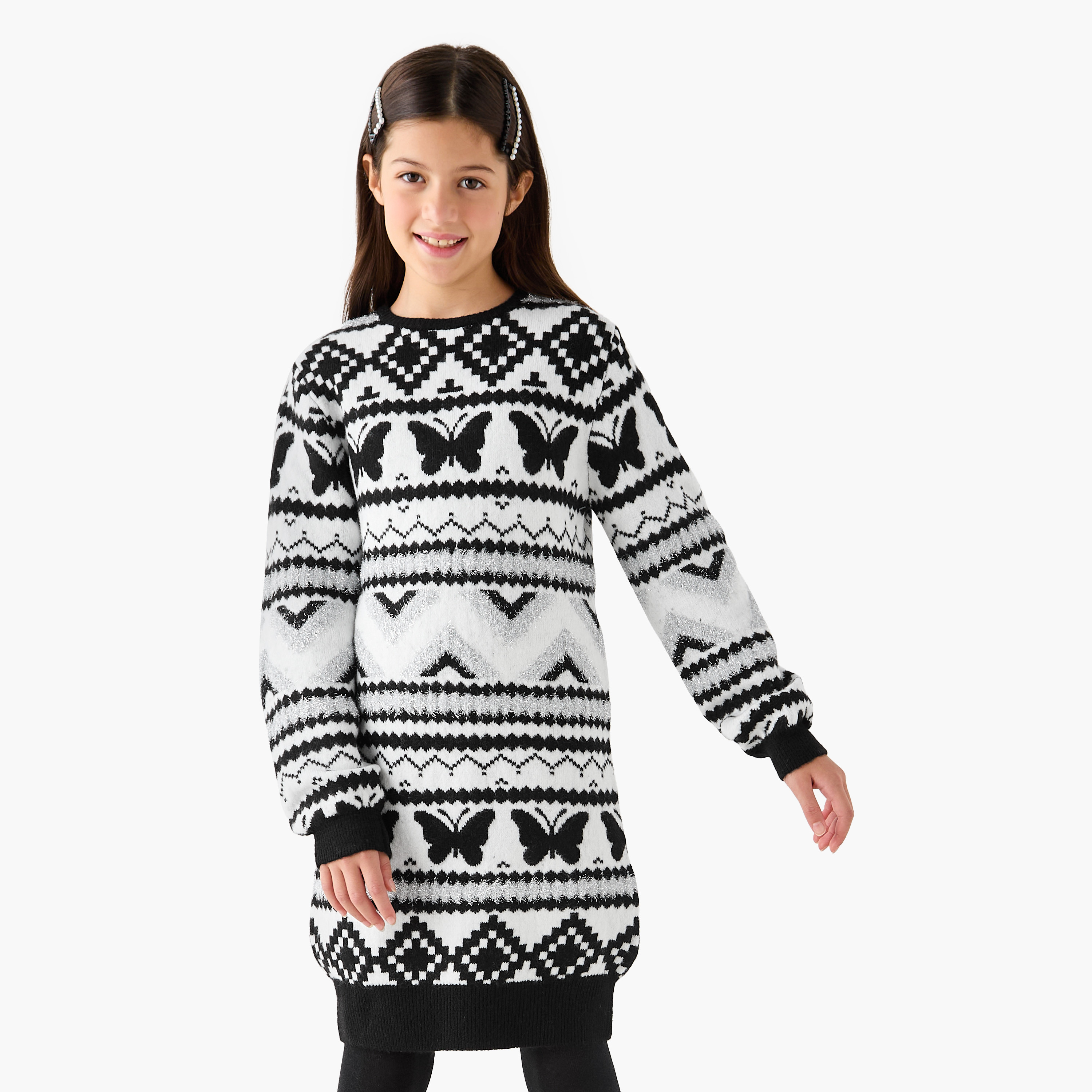 Juniors Textured Sweater Dress with Tights-girls-clothing-winterwear-dresses-image-1