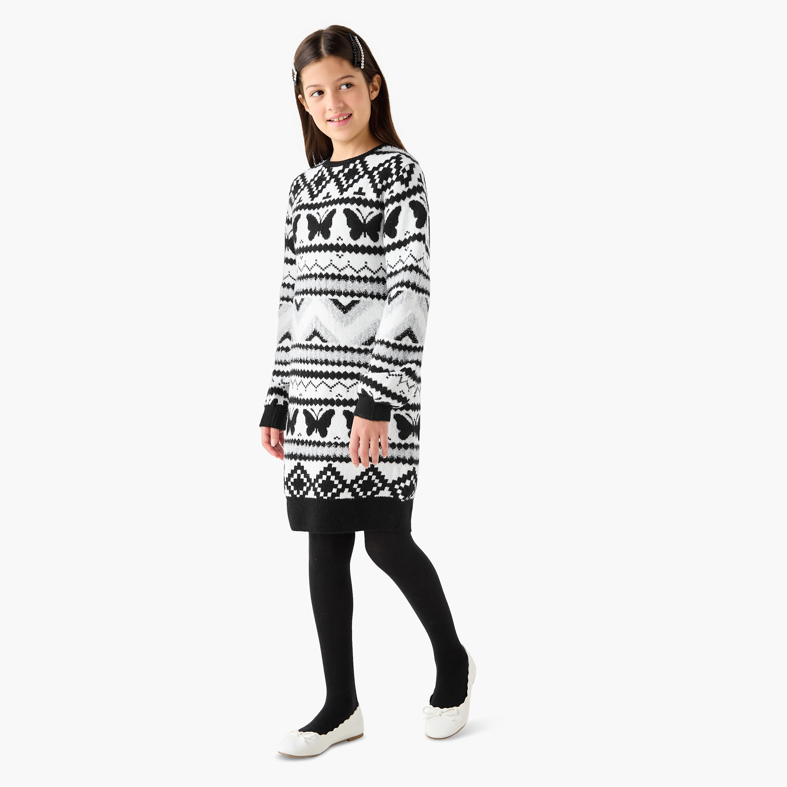 Juniors Textured Sweater Dress with Tights-girls-clothing-winterwear-dresses-image-2