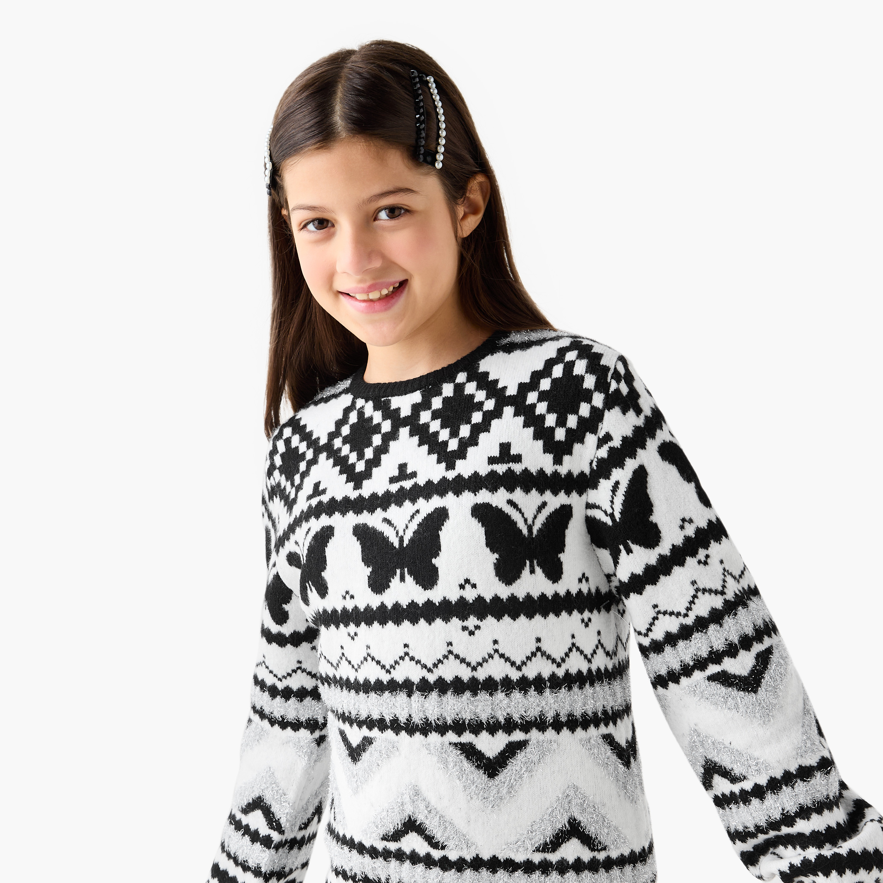 Juniors Textured Sweater Dress with Tights-girls-clothing-winterwear-dresses-image-4