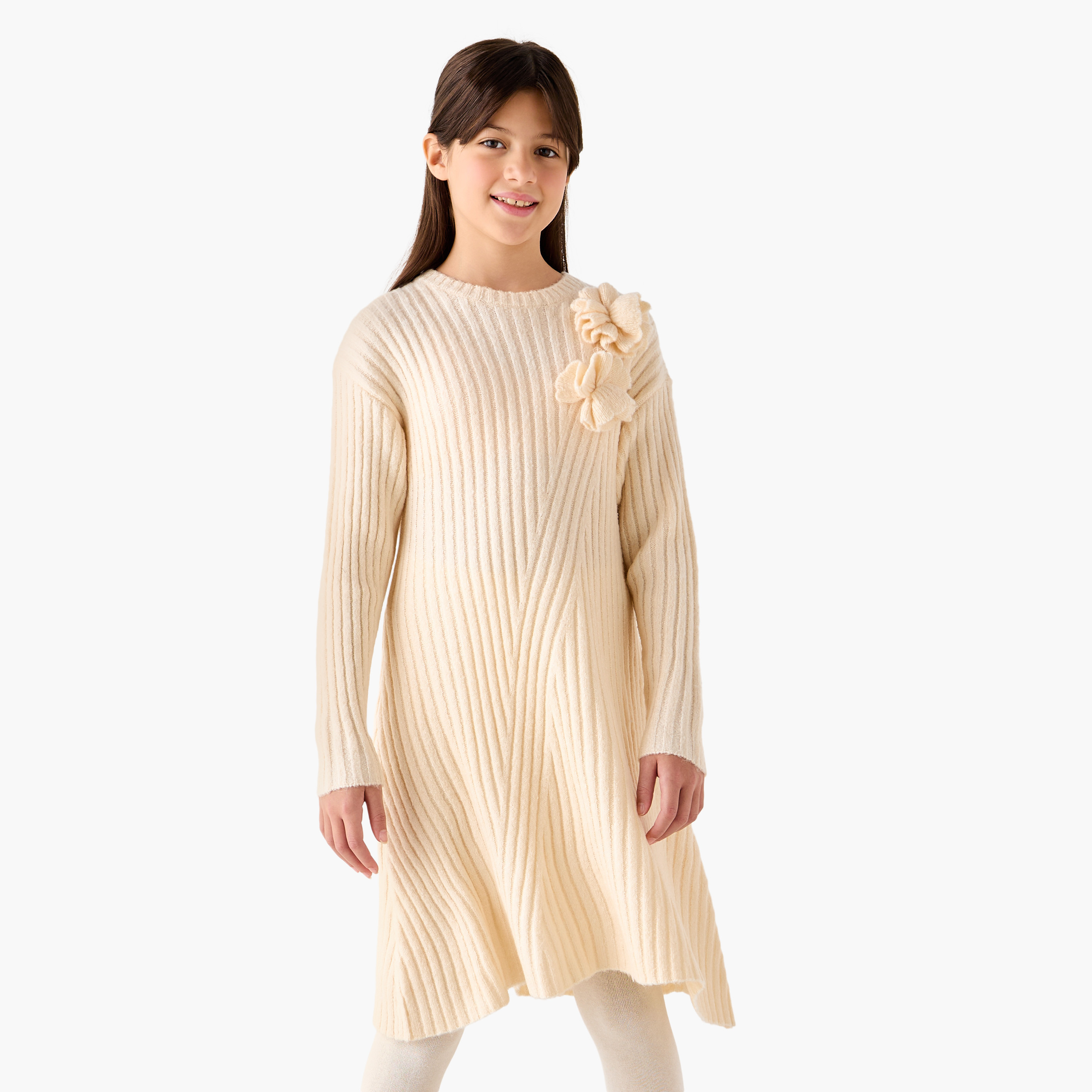 Juniors Floral Accent A-line Sweater Dress with Tights-girls-clothing-dressesandjumpsuits-image-1
