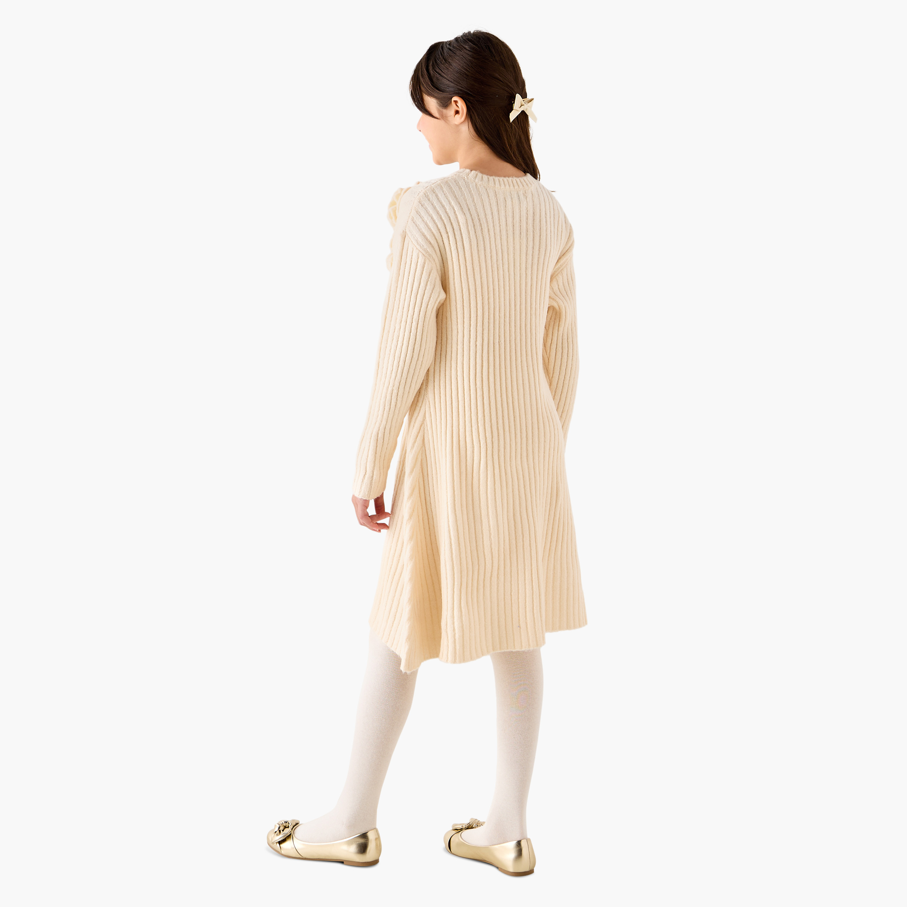 Juniors Floral Accent A-line Sweater Dress with Tights-girls-clothing-dressesandjumpsuits-image-2
