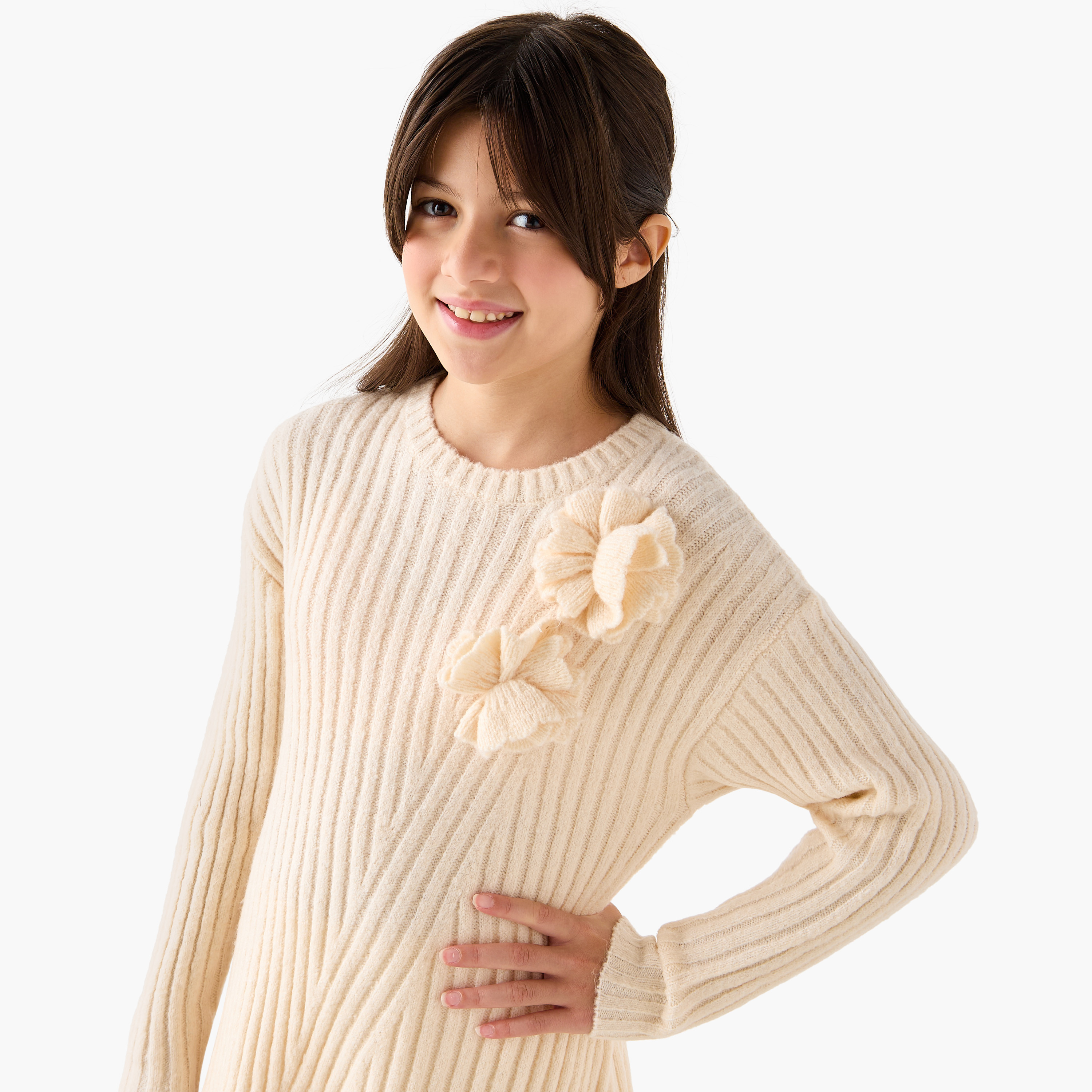Juniors Floral Accent A-line Sweater Dress with Tights-girls-clothing-dressesandjumpsuits-image-3