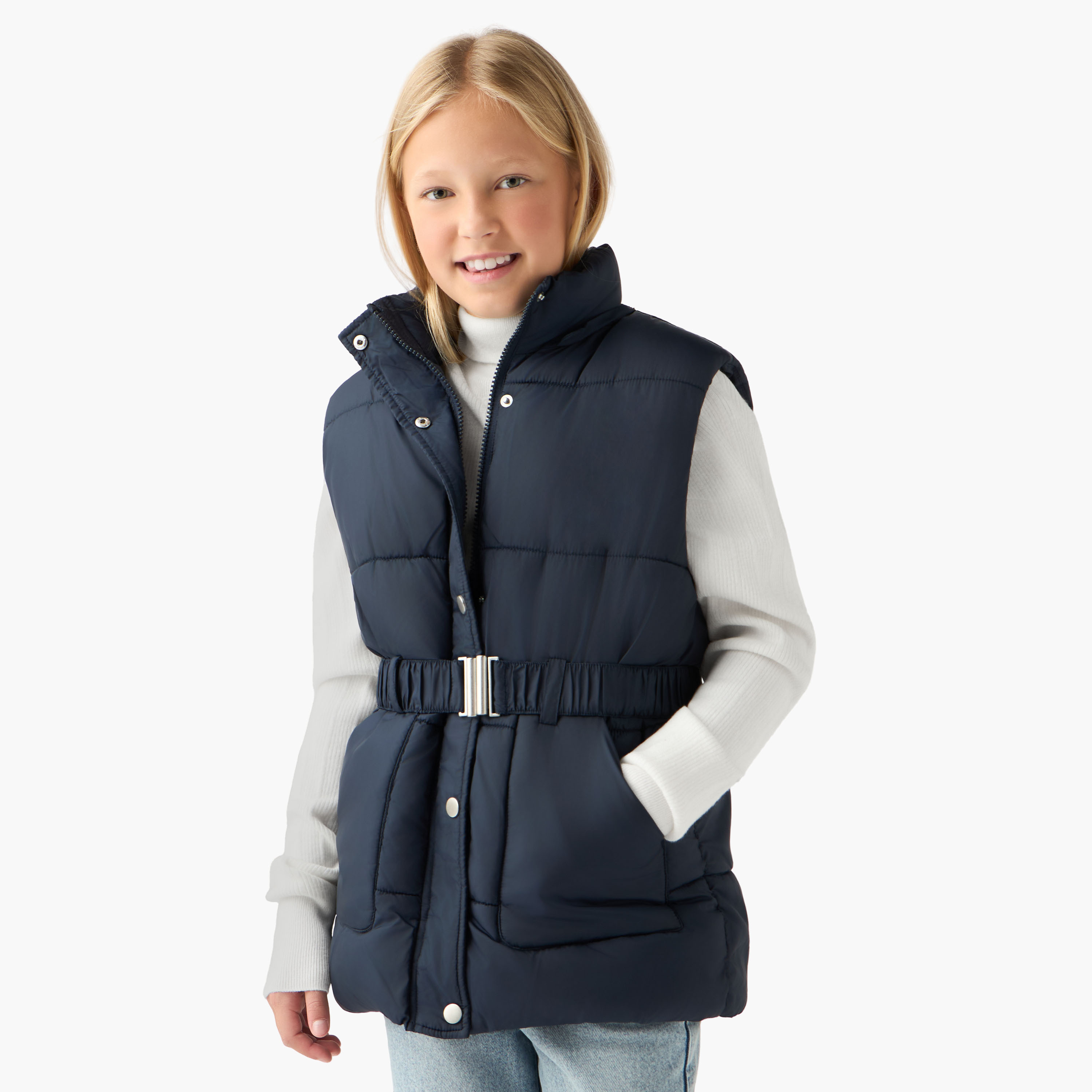 Juniors Belted Padded Gilet with Hood and Zip Closure-girls-clothing-winterwear-jacketsandcoats-image-1