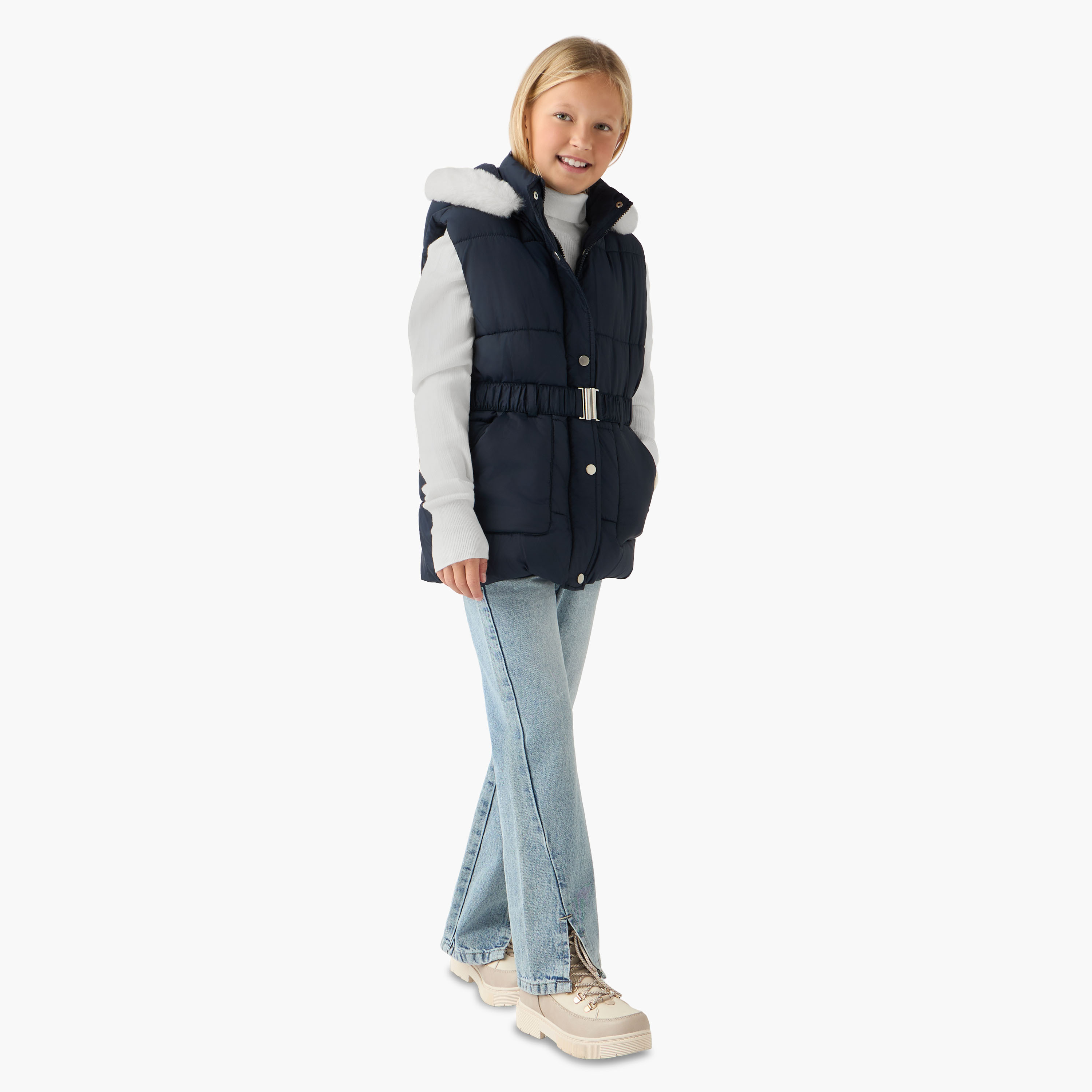 Juniors Belted Padded Gilet with Hood and Zip Closure-girls-clothing-winterwear-jacketsandcoats-image-2