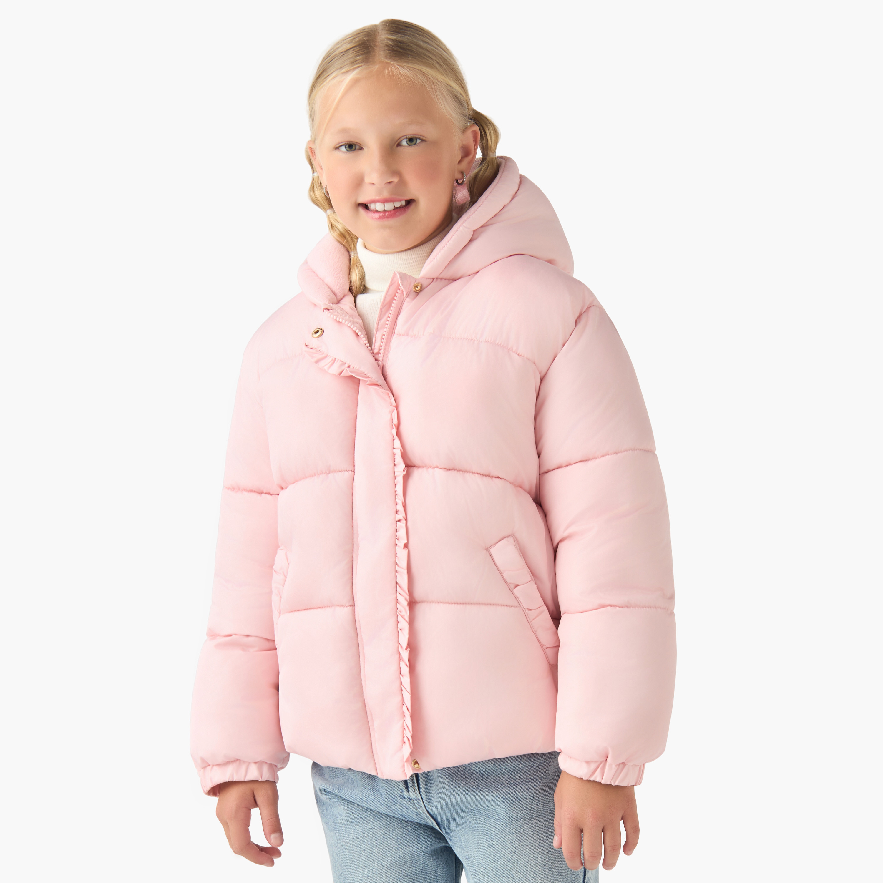 Juniors Hooded Puffer Jacket with Long Sleeves-girls-clothing-winterwear-jacketsandcoats-image-1