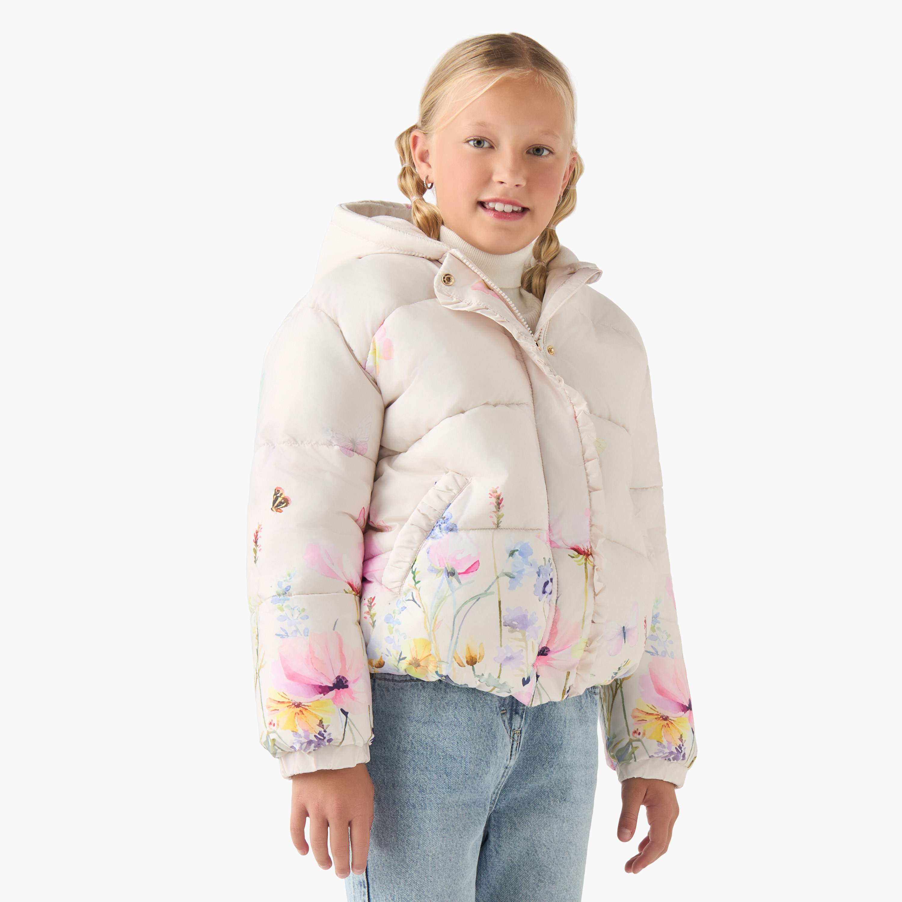 Juniors Floral Print Hooded Jacket with Long Sleeves-girls-clothing-winterwear-jacketsandcoats-image-1