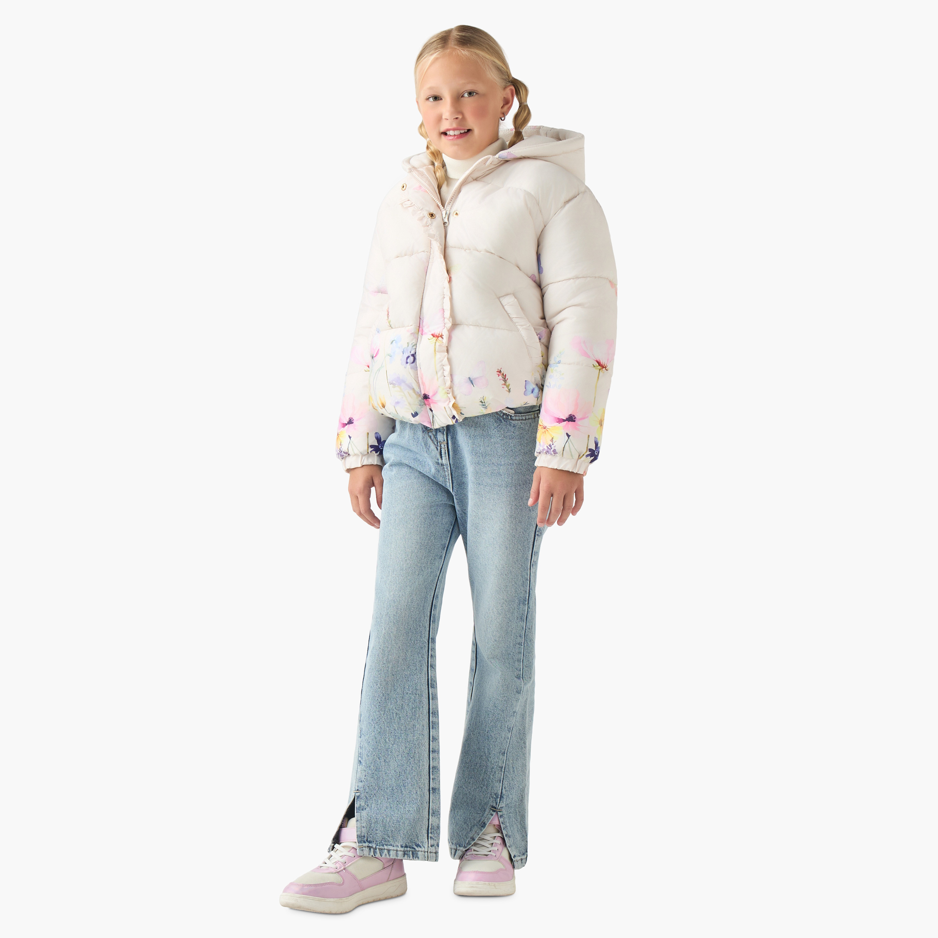 Juniors Floral Print Hooded Jacket with Long Sleeves-girls-clothing-winterwear-jacketsandcoats-image-2