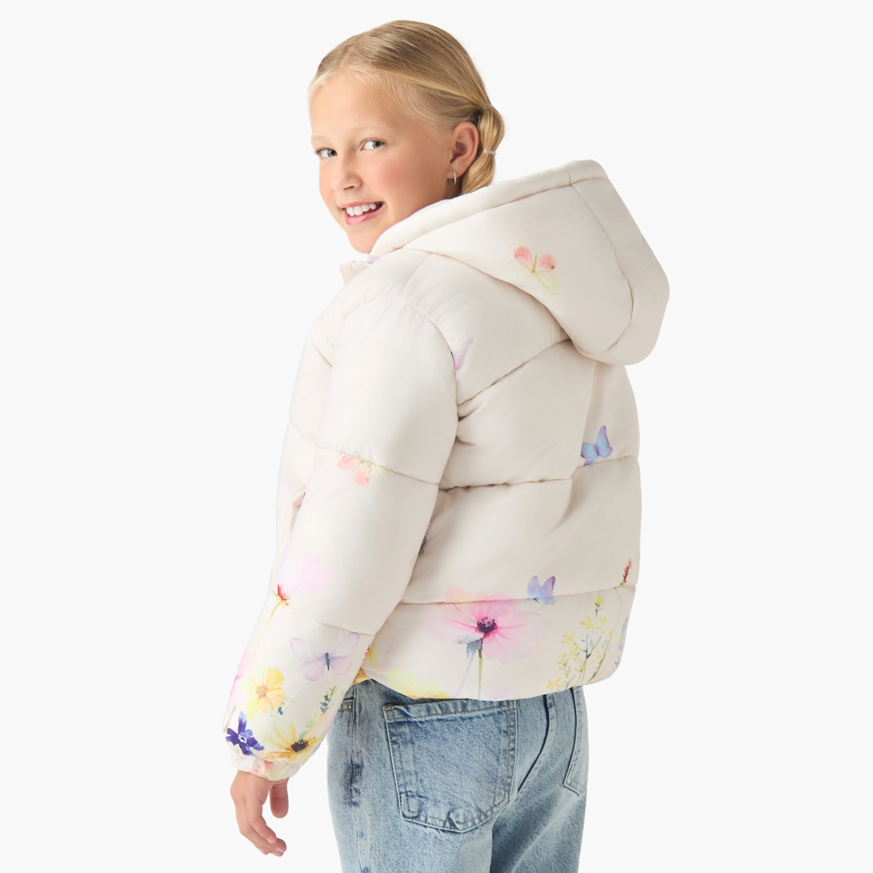 Juniors Floral Print Hooded Jacket with Long Sleeves-girls-clothing-winterwear-jacketsandcoats-image-3