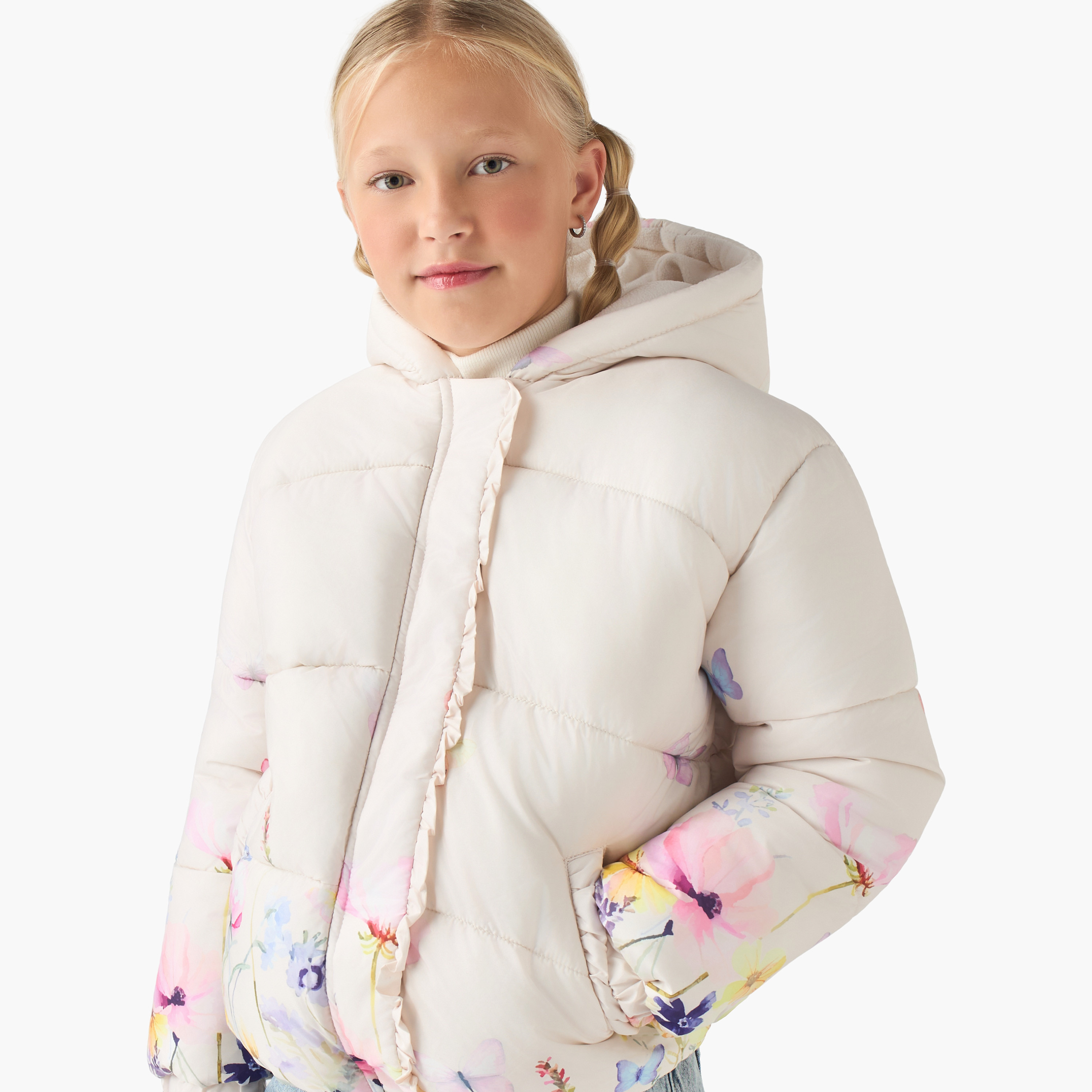 Juniors Floral Print Hooded Jacket with Long Sleeves-girls-clothing-winterwear-jacketsandcoats-image-4