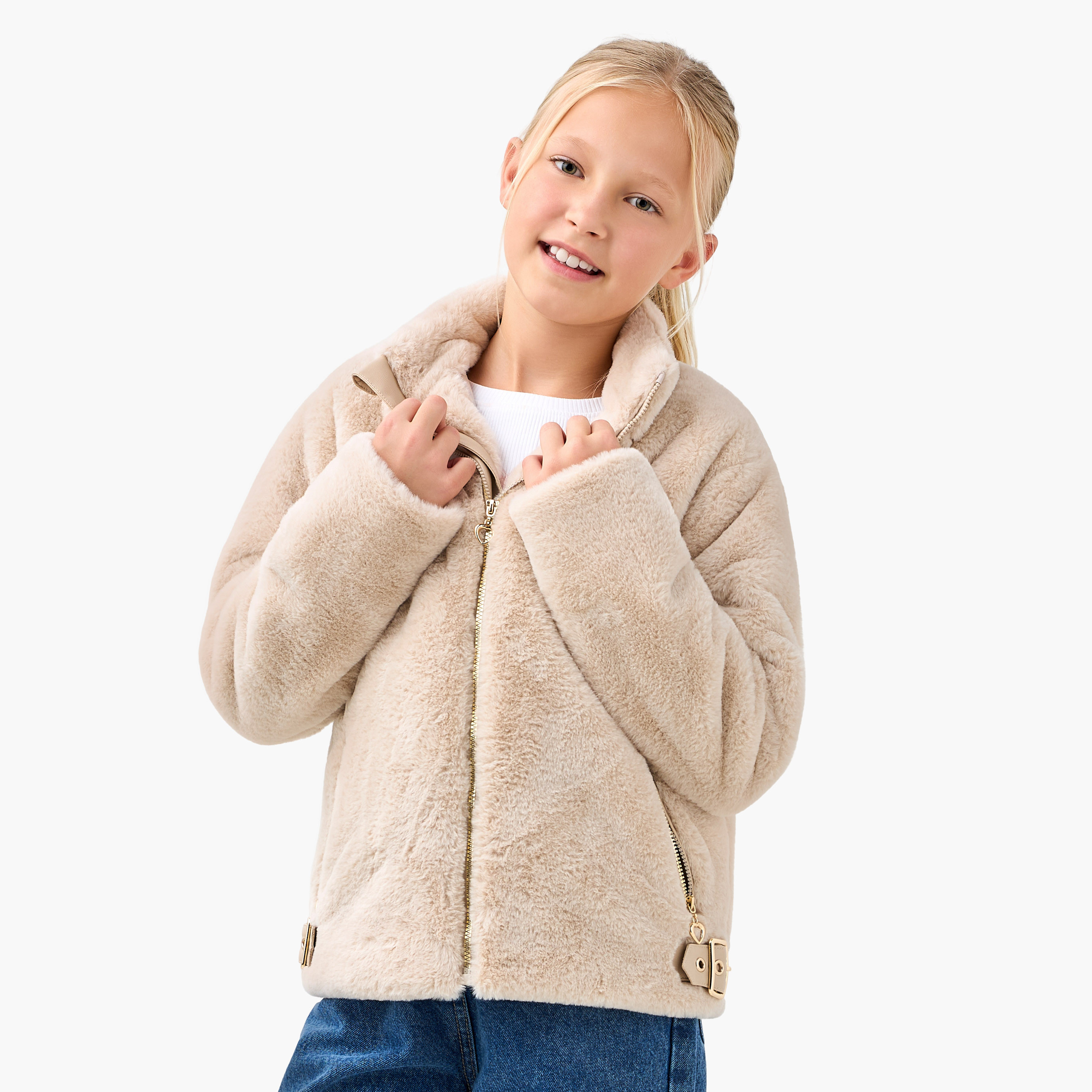 Juniors Plush Zip Through Jacket with Long Sleeves-girls-clothing-jacketsandcoats-image-1